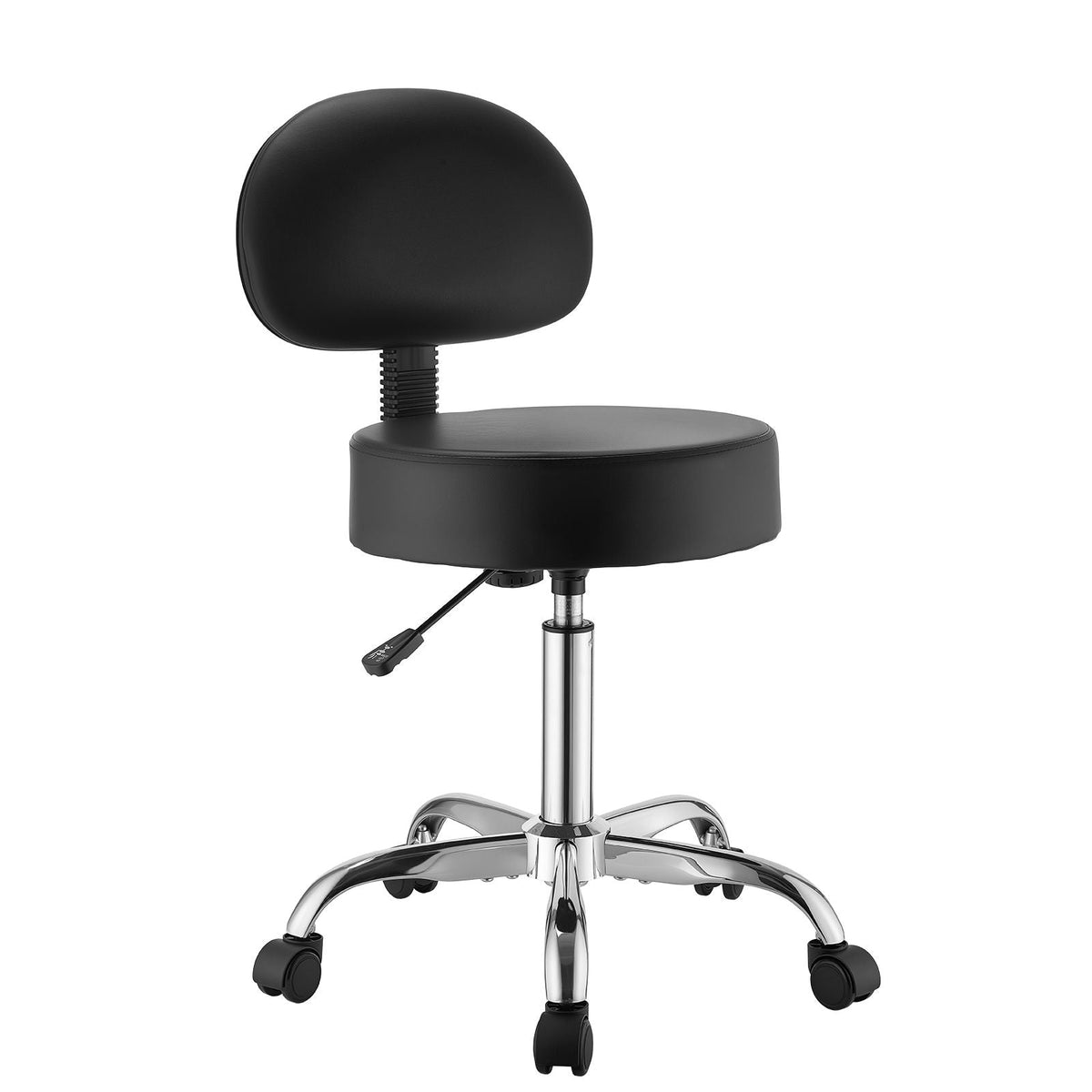 Rolling Stool with Back Support, 500 lbs Weight Capacity, Height Adjustable, Thick Cushion Ergonomic PU Leather Seat, 360° Swivel Round Rolling Stool Chair for Salon, Clinic, Medical, Black