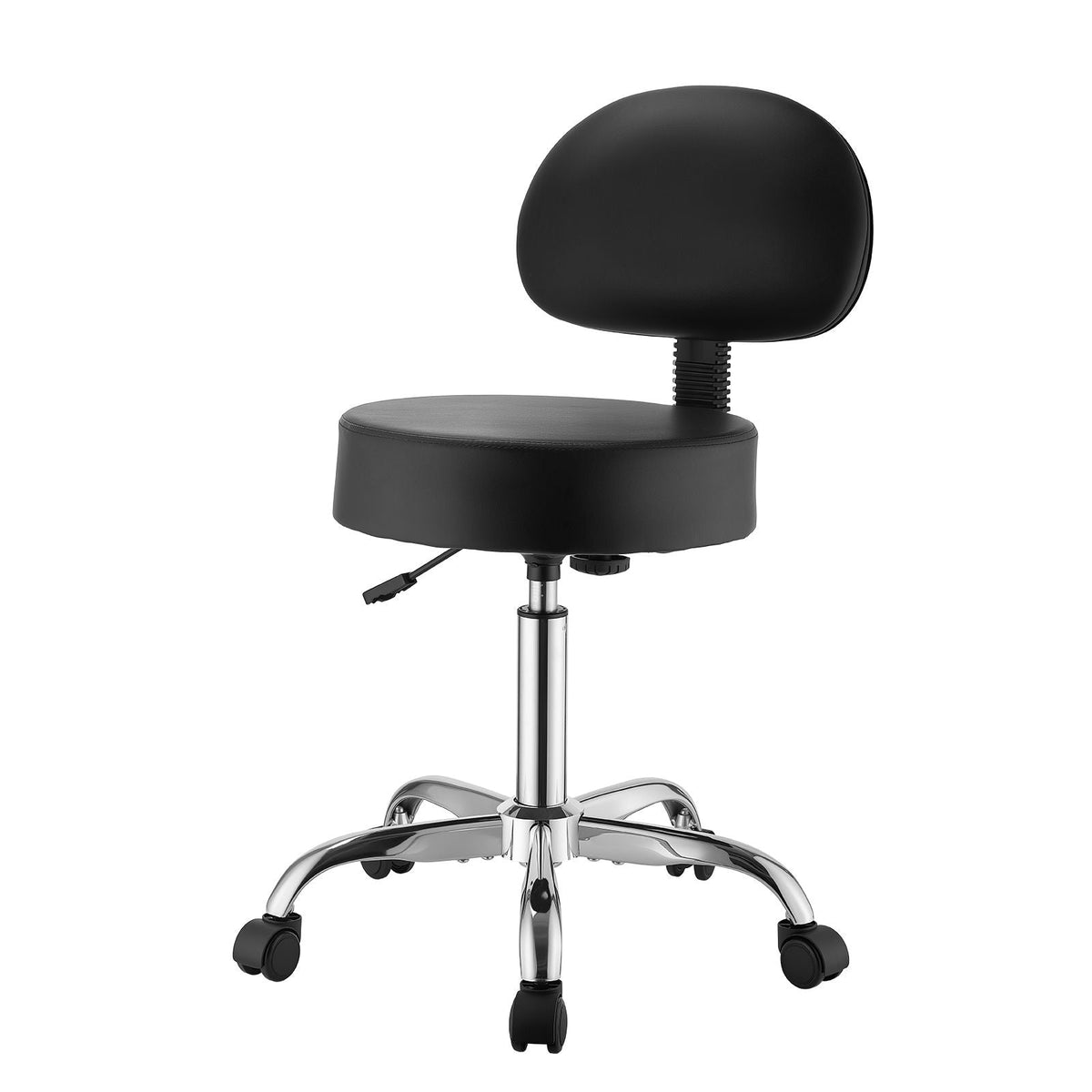 Rolling Stool with Back Support, 500 lbs Weight Capacity, Height Adjustable, Thick Cushion Ergonomic PU Leather Seat, 360° Swivel Round Rolling Stool Chair for Salon, Clinic, Medical, Black