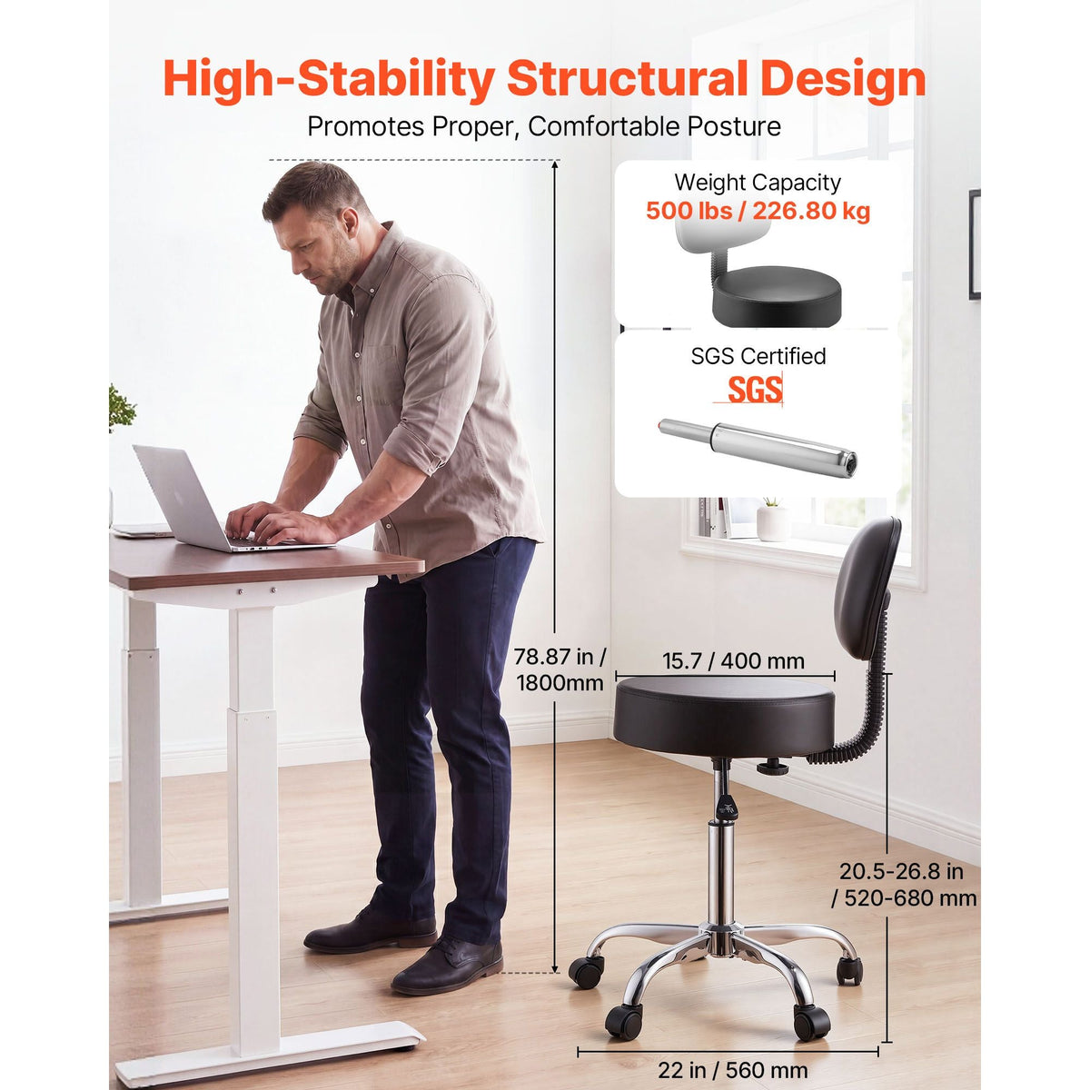 Rolling Stool with Back Support, 500 lbs Weight Capacity, Height Adjustable, Thick Cushion Ergonomic PU Leather Seat, 360° Swivel Round Rolling Stool Chair for Salon, Clinic, Medical, Black