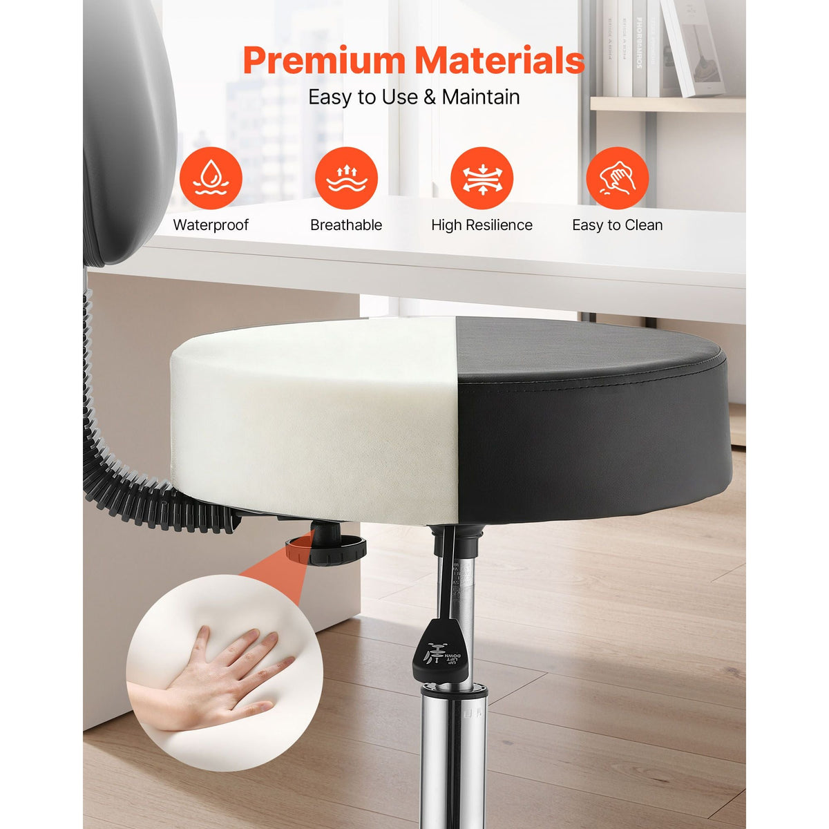 Rolling Stool with Back Support, 500 lbs Weight Capacity, Height Adjustable, Thick Cushion Ergonomic PU Leather Seat, 360° Swivel Round Rolling Stool Chair for Salon, Clinic, Medical, Black
