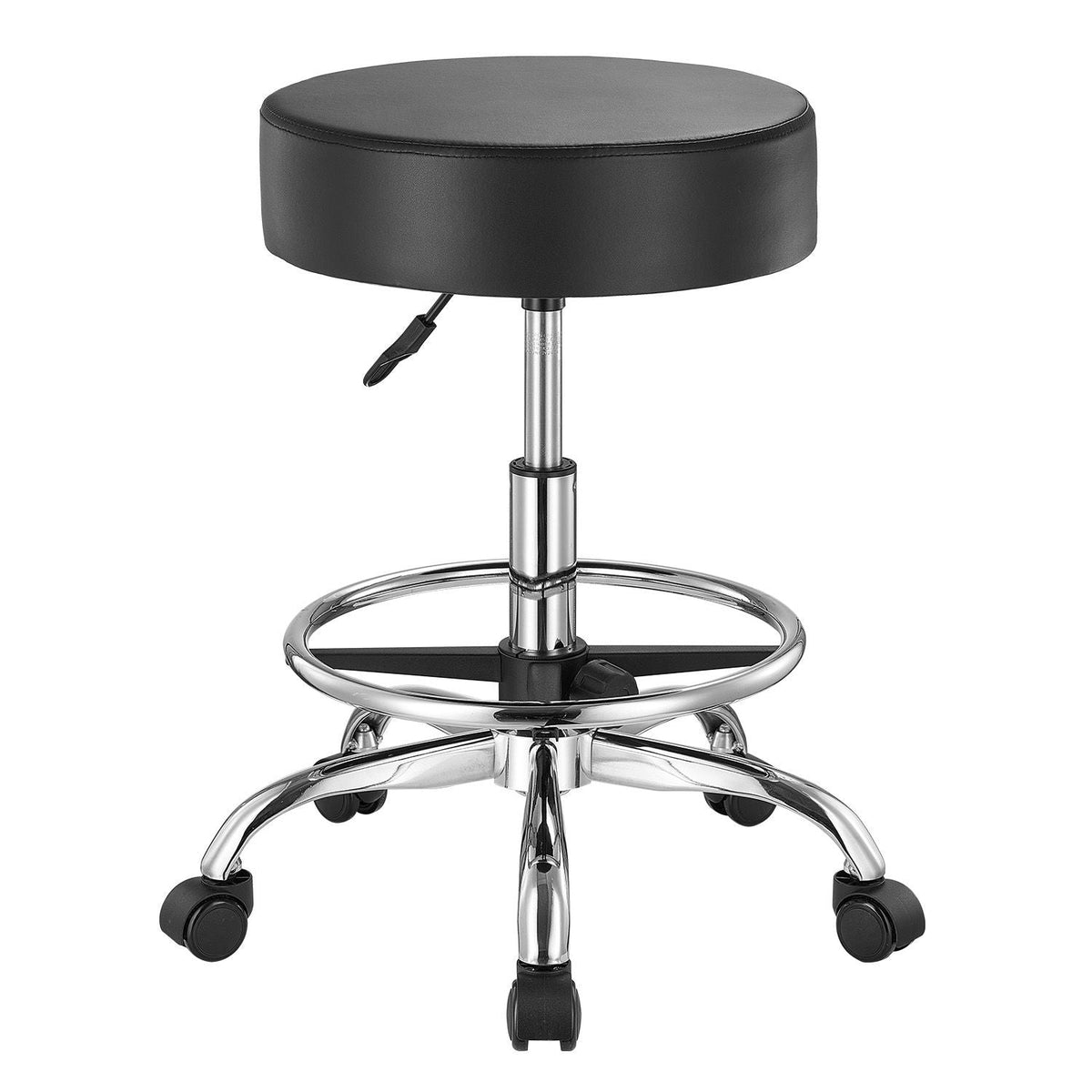 Rolling Stool with Foot Rest and Wheels, 450 LBS Weight Capacity Round Rolling Stool Chair, Height Adjustable Thickened PU Leather Swivel Stool for Salon, Spa, Massage, Tattoo, Clinic, Black