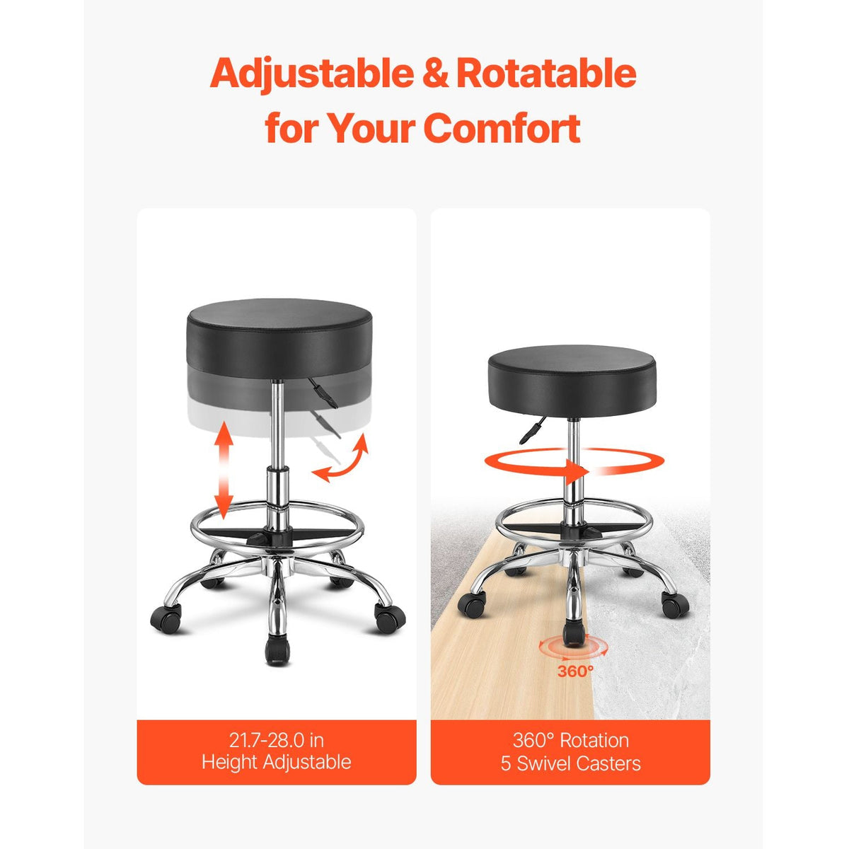 Rolling Stool with Foot Rest and Wheels, 450 LBS Weight Capacity Round Rolling Stool Chair, Height Adjustable Thickened PU Leather Swivel Stool for Salon, Spa, Massage, Tattoo, Clinic, Black
