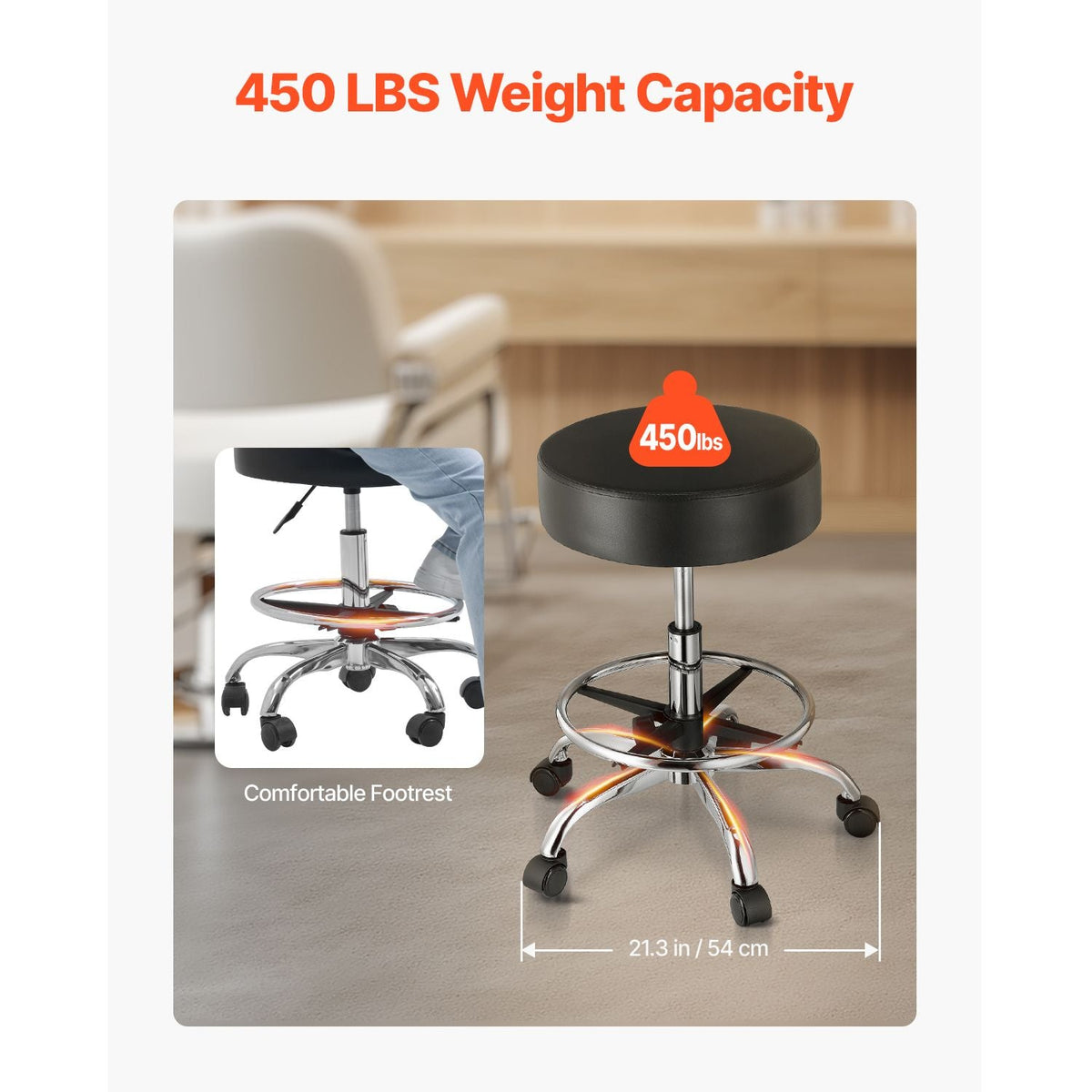 Rolling Stool with Foot Rest and Wheels, 450 LBS Weight Capacity Round Rolling Stool Chair, Height Adjustable Thickened PU Leather Swivel Stool for Salon, Spa, Massage, Tattoo, Clinic, Black