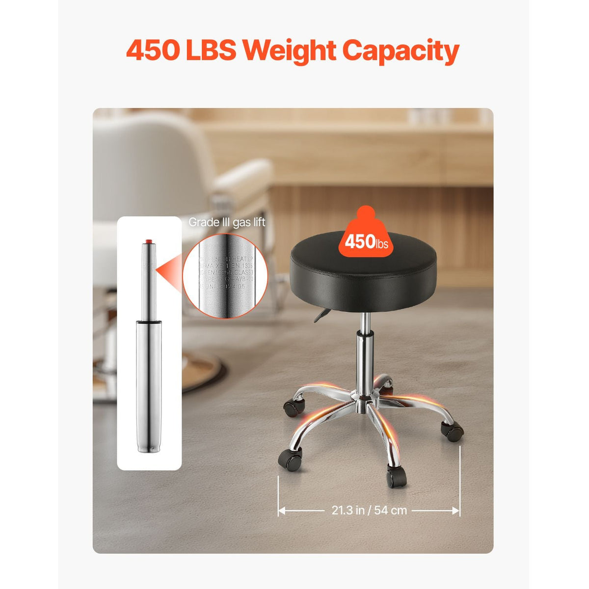 Rolling Stool with Wheels, 450 LBS Weight Capacity Round Rolling Stool Chair, Height Adjustable Thickened PU Leather Swivel Stool for Salon, Spa, Massage, Tattoo, Clinic, Black