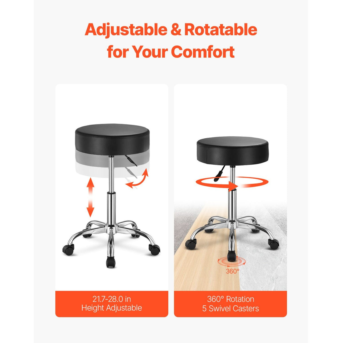Rolling Stool with Wheels, 450 LBS Weight Capacity Round Rolling Stool Chair, Height Adjustable Thickened PU Leather Swivel Stool for Salon, Spa, Massage, Tattoo, Clinic, Black