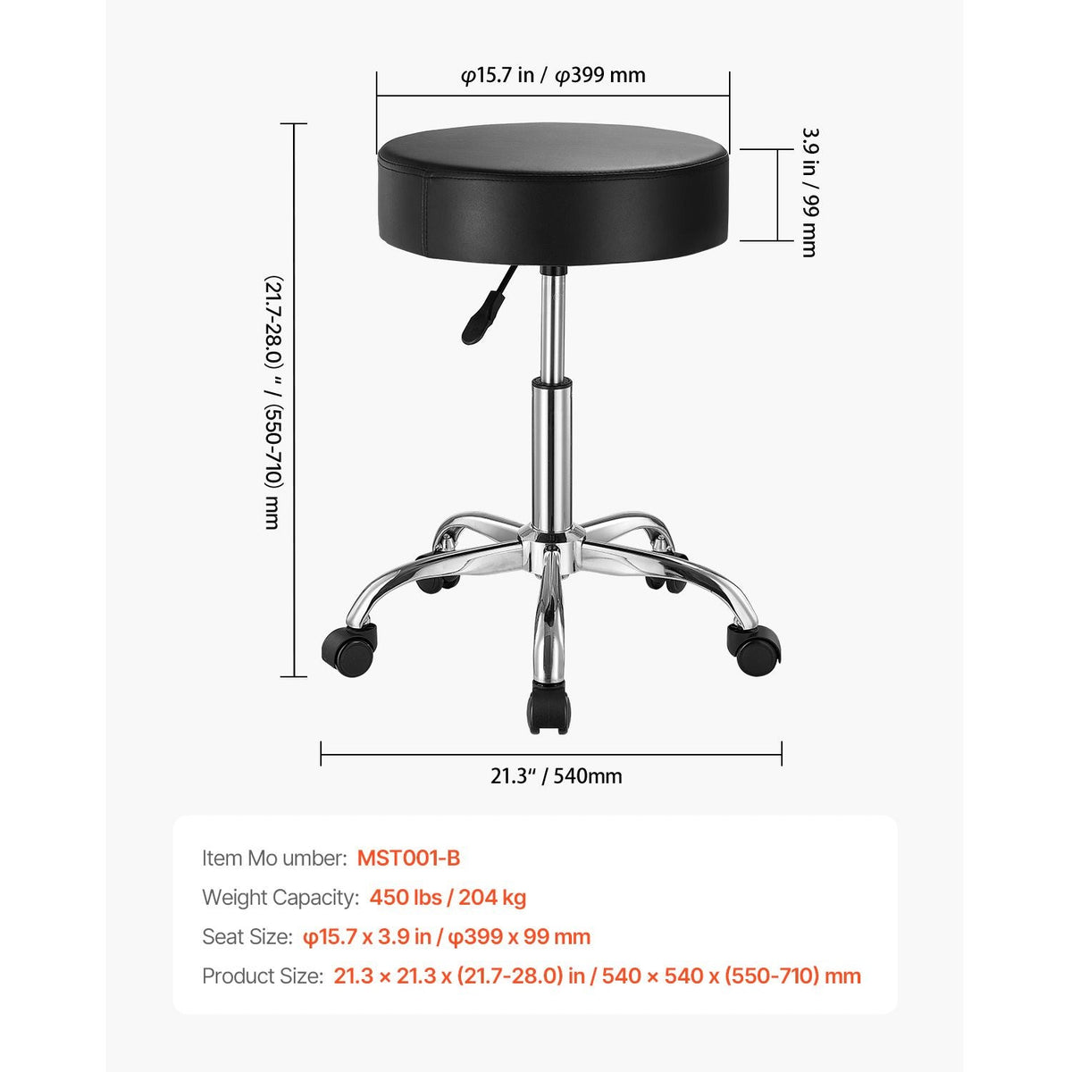 Rolling Stool with Wheels, 450 LBS Weight Capacity Round Rolling Stool Chair, Height Adjustable Thickened PU Leather Swivel Stool for Salon, Spa, Massage, Tattoo, Clinic, Black