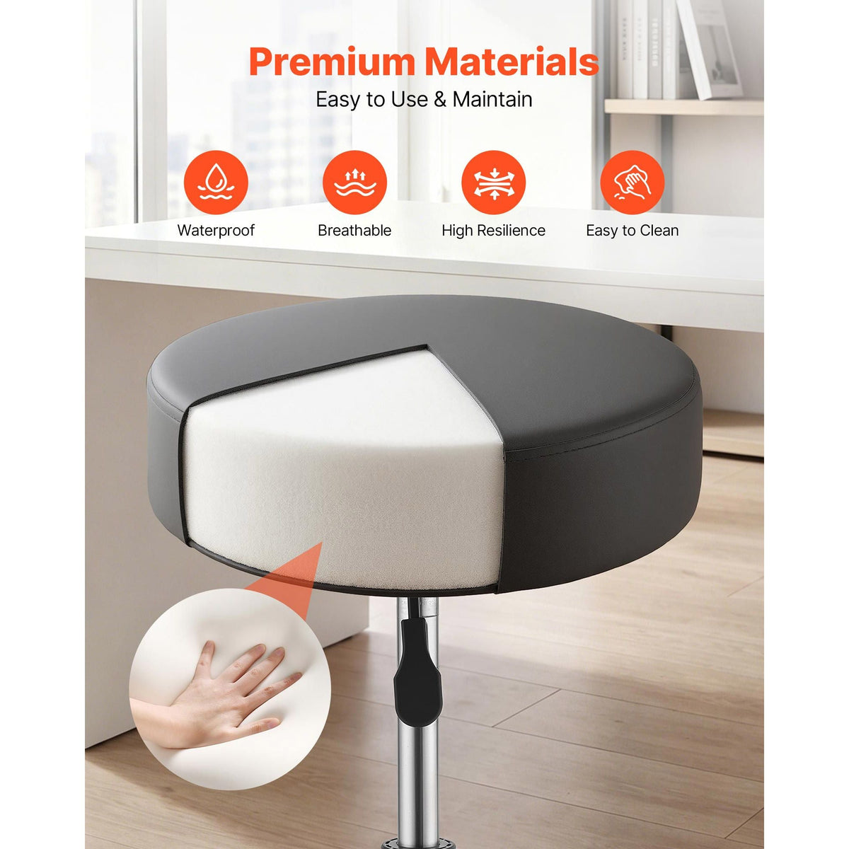 Rolling Stool with Wheels, 500 lbs Weight Capacity, Height Adjustable, Quiet Casters, Thick Cushion Ergonomic PU Leather Seat, 360° Swivel Round Rolling Stool Chair for Salon, Clinic, Black