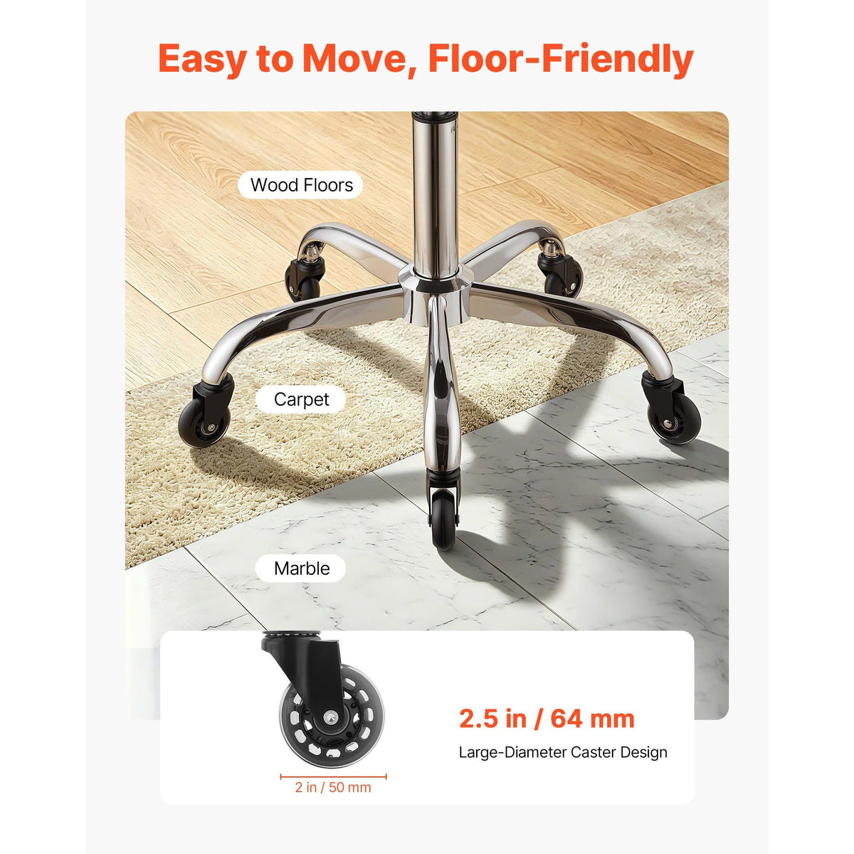 Rolling Stool with Wheels, 500 lbs Weight Capacity, Height Adjustable, Quiet Casters, Thick Cushion Ergonomic PU Leather Seat, 360° Swivel Round Rolling Stool Chair for Salon, Clinic, Black