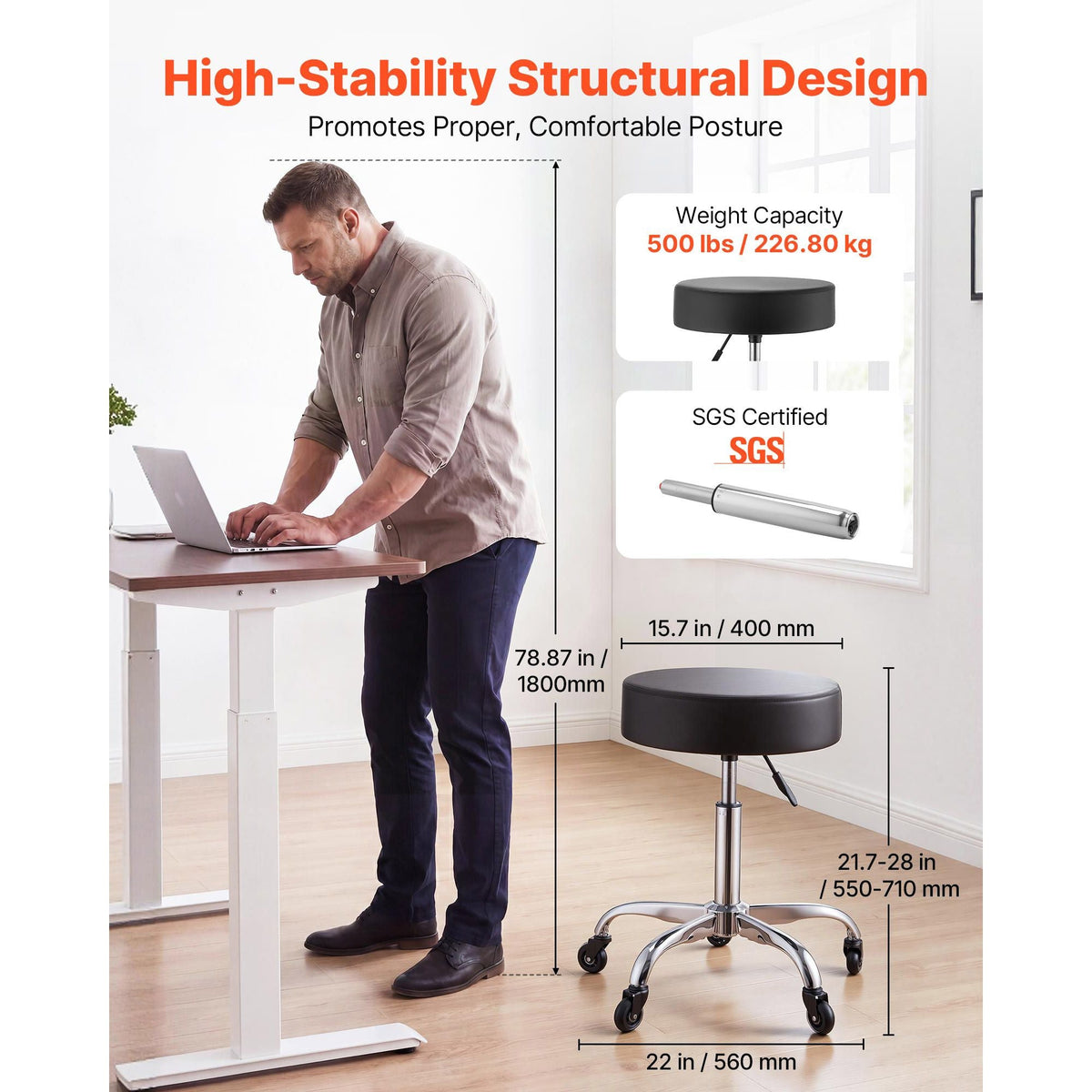 Rolling Stool with Wheels, 500 lbs Weight Capacity, Height Adjustable, Quiet Casters, Thick Cushion Ergonomic PU Leather Seat, 360° Swivel Round Rolling Stool Chair for Salon, Clinic, Black