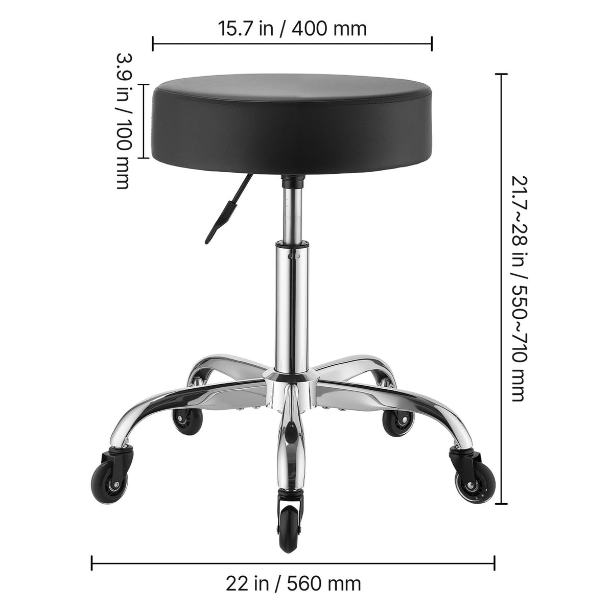 Rolling Stool with Wheels, 500 lbs Weight Capacity, Height Adjustable, Quiet Casters, Thick Cushion Ergonomic PU Leather Seat, 360° Swivel Round Rolling Stool Chair for Salon, Clinic, Black