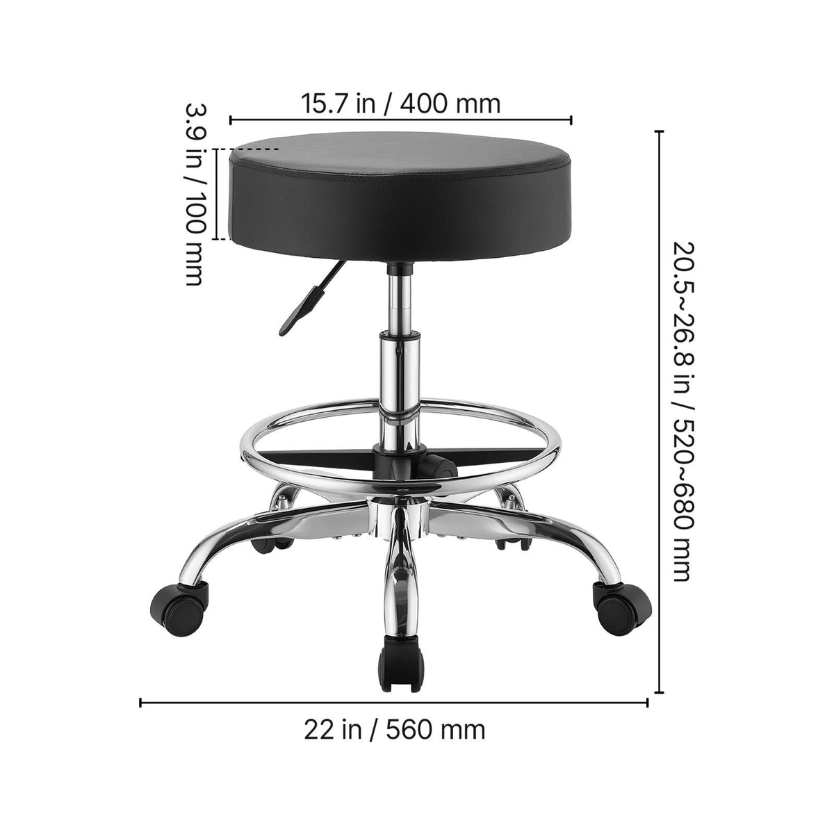 Rolling Stool with Wheels Footrest, 500 lbs Weight Capacity, Height Adjustable, Thick Cushion Ergonomic PU Leather Seat, 360° Swivel Round Rolling Stool Chair for Salon, Clinic, Medical, Black