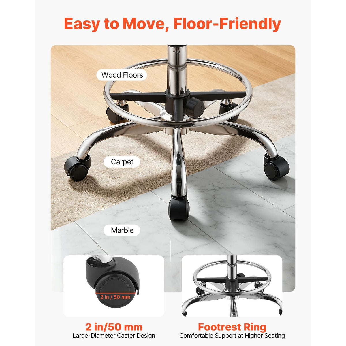 Rolling Stool with Wheels Footrest, 500 lbs Weight Capacity, Height Adjustable, Thick Cushion Ergonomic PU Leather Seat, 360° Swivel Round Rolling Stool Chair for Salon, Clinic, Medical, Black