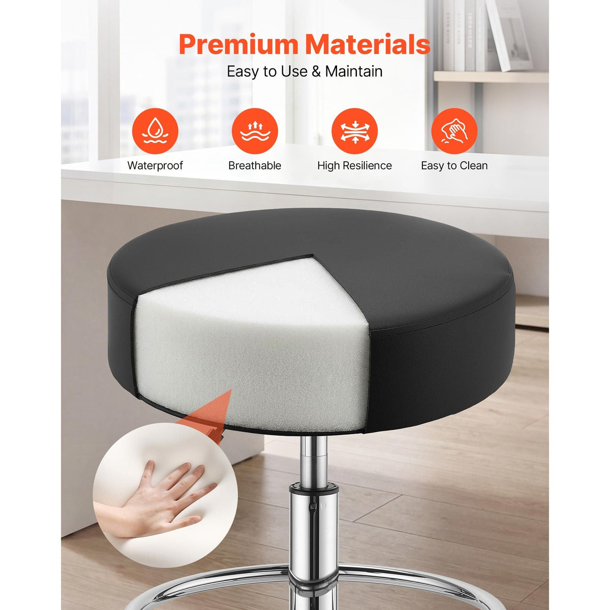 Rolling Stool with Wheels Footrest, 500 lbs Weight Capacity, Height Adjustable, Thick Cushion Ergonomic PU Leather Seat, 360° Swivel Round Rolling Stool Chair for Salon, Clinic, Medical, Black