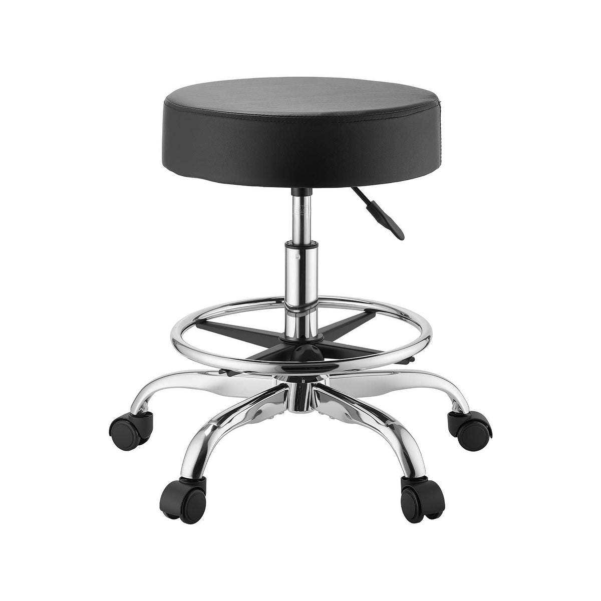 Rolling Stool with Wheels Footrest, 500 lbs Weight Capacity, Height Adjustable, Thick Cushion Ergonomic PU Leather Seat, 360° Swivel Round Rolling Stool Chair for Salon, Clinic, Medical, Black