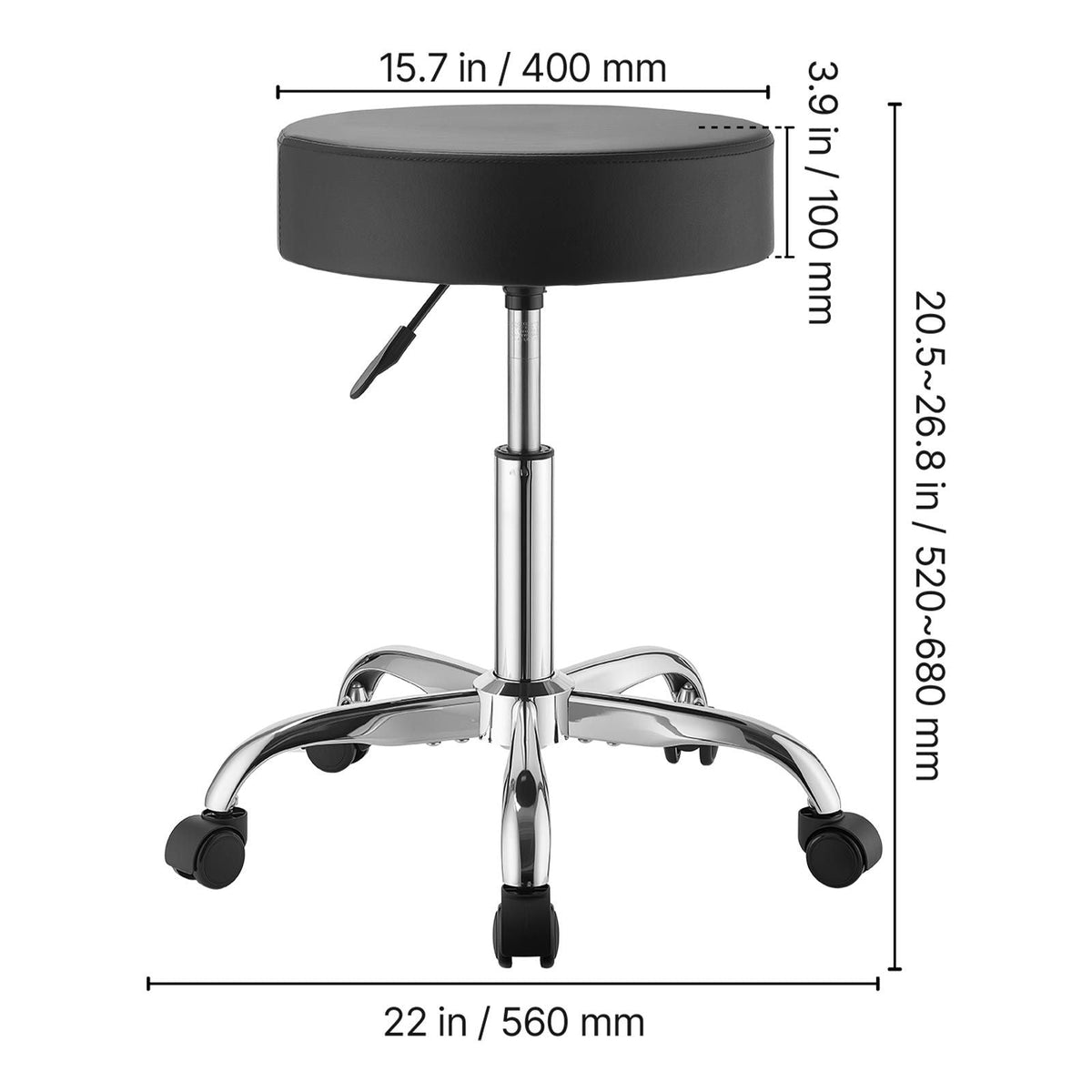 Rolling Stools with Wheels, Set of 2, 500 lbs Weight Capacity, Height Adjustable, Thick Cushion Ergonomic PU Leather Seat, 360° Swivel Round Rolling Stool Chair for Salon, Spa, Clinic, Black
