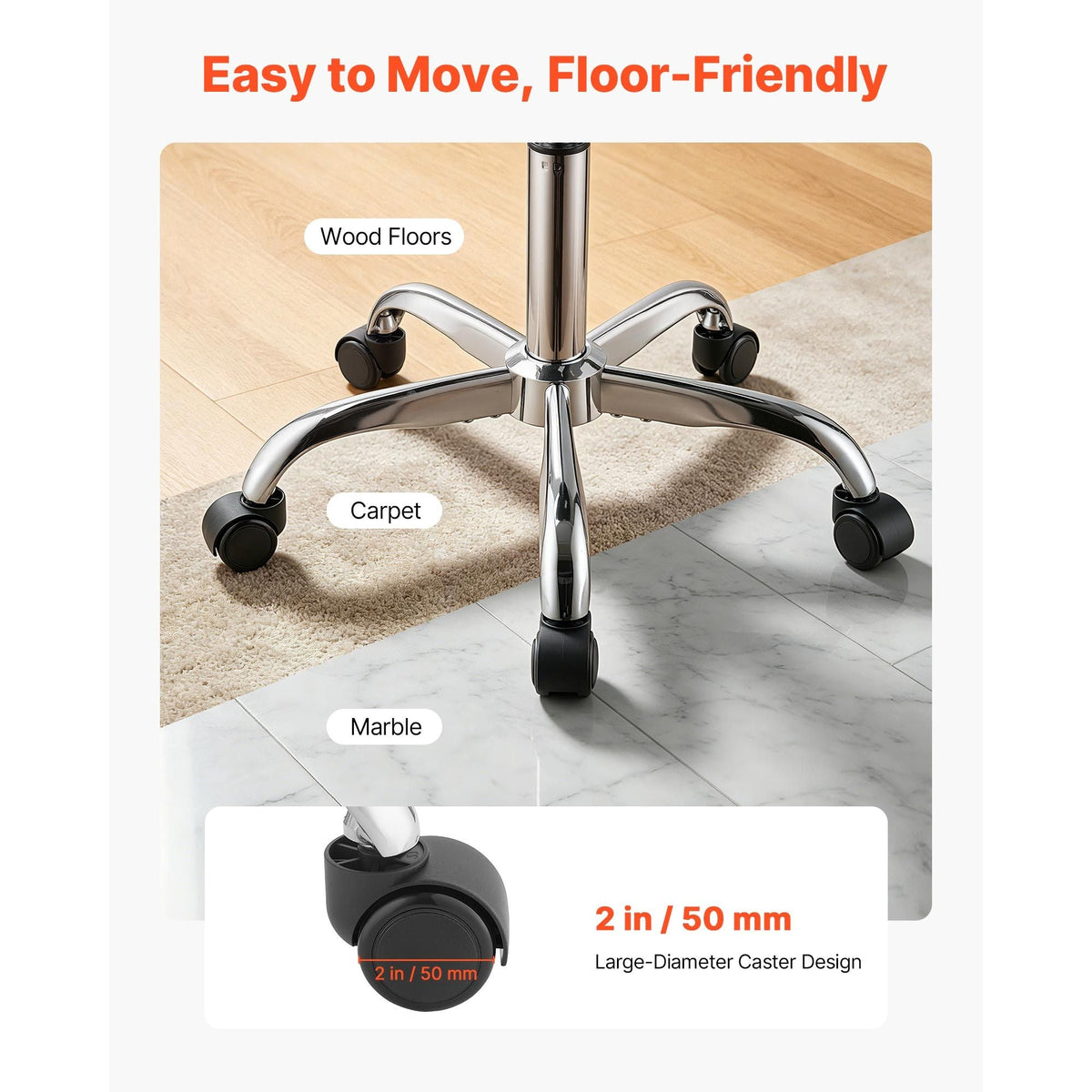 Rolling Stools with Wheels, Set of 2, 500 lbs Weight Capacity, Height Adjustable, Thick Cushion Ergonomic PU Leather Seat, 360° Swivel Round Rolling Stool Chair for Salon, Spa, Clinic, Black
