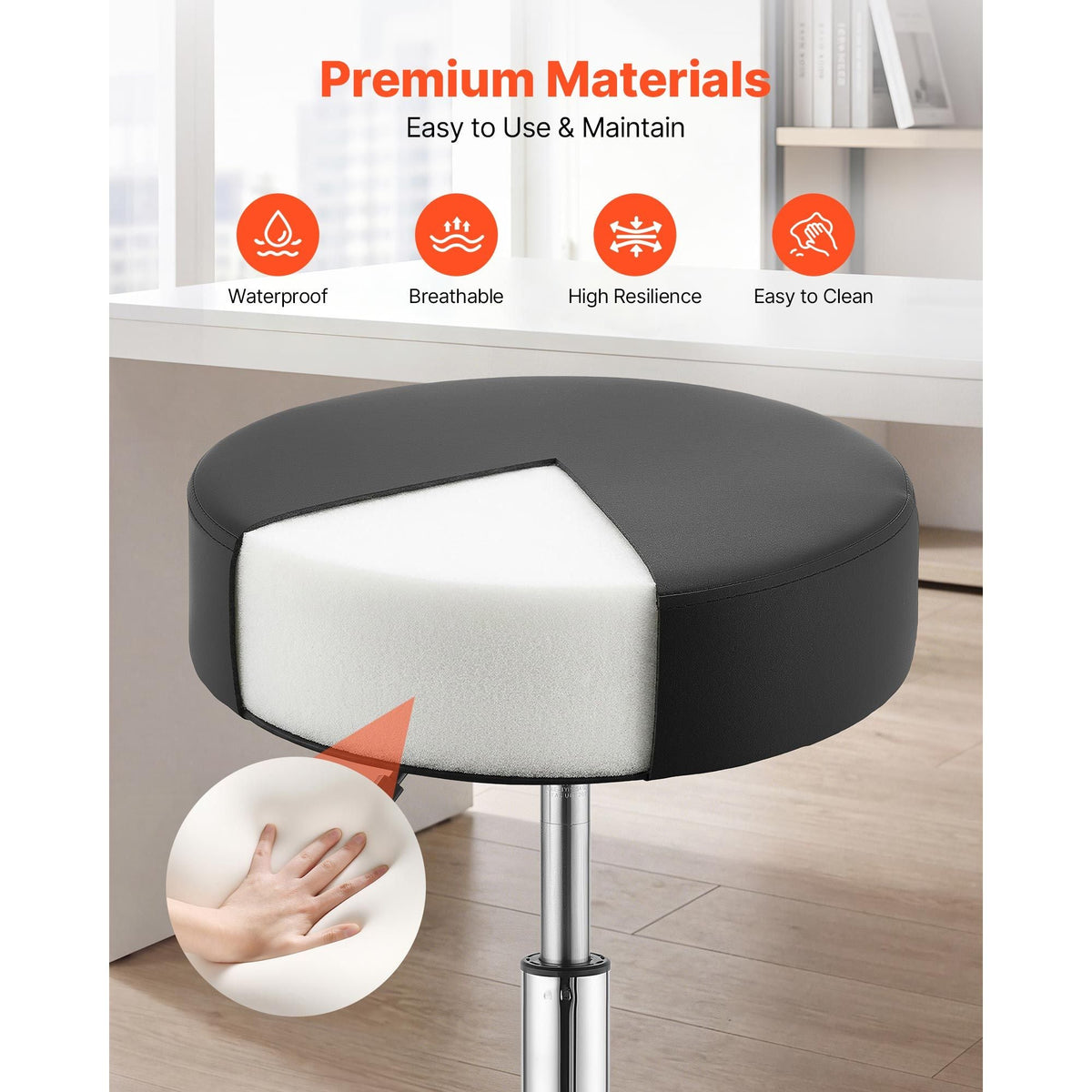 Rolling Stools with Wheels, Set of 2, 500 lbs Weight Capacity, Height Adjustable, Thick Cushion Ergonomic PU Leather Seat, 360° Swivel Round Rolling Stool Chair for Salon, Spa, Clinic, Black