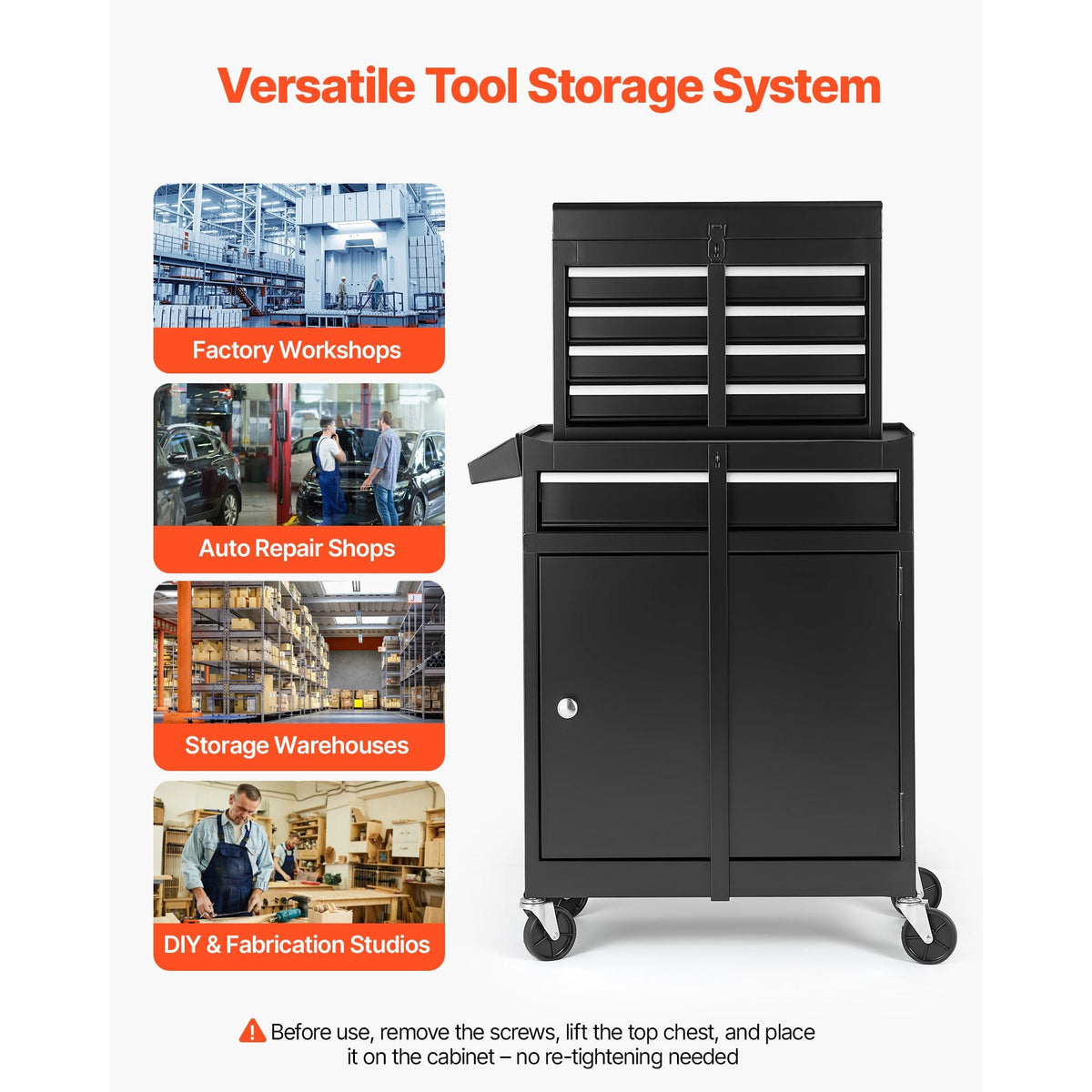 Rolling Tool Chest, 2-in-1 Design, 5 Drawers Tool Cabinet Organizer with Detachable Top Metal Toolbox, Lock Bar, Protective Liner, and Tools Rack, Garage Storage Cabinet for Warehouse, Workshop