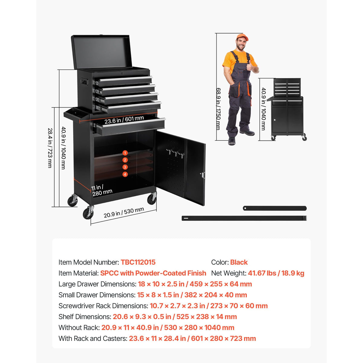 Rolling Tool Chest, 2-in-1 Design, 5 Drawers Tool Cabinet Organizer with Detachable Top Metal Toolbox, Lock Bar, Protective Liner, and Tools Rack, Garage Storage Cabinet for Warehouse, Workshop
