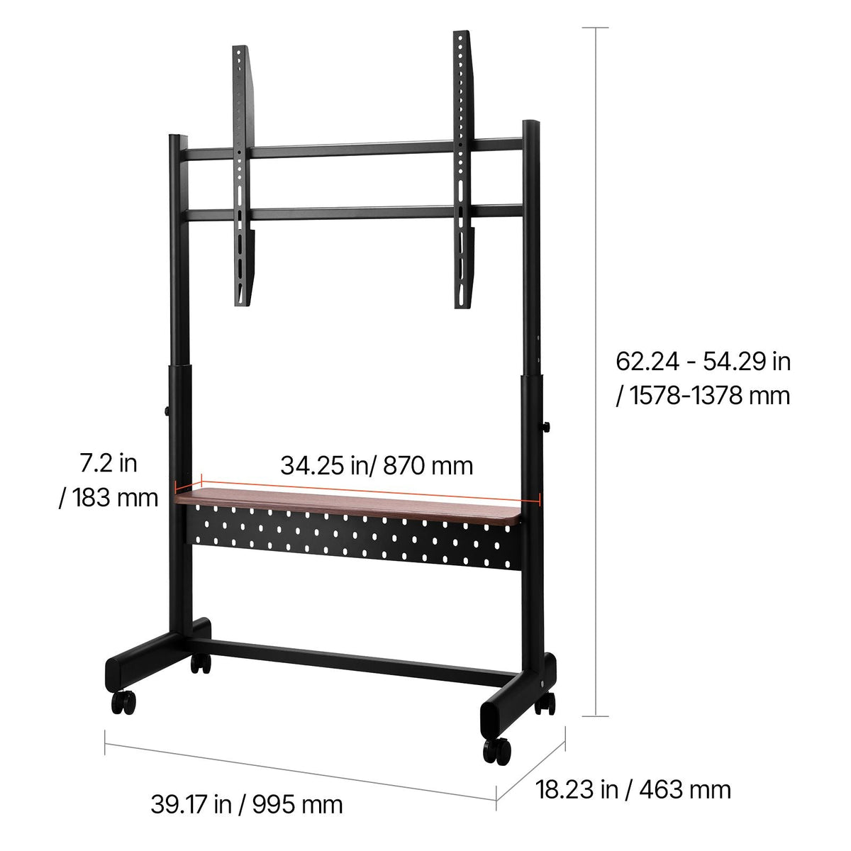 Rolling TV Stand, Mobile TV Cart for 55-100 Inch Screens, Height Adjustable Portable Monitor Stand with Tray, Holds up to 205 lbs for Living Room, Bedroom, Office, Outdoor Max VESA 800 x 600 mm