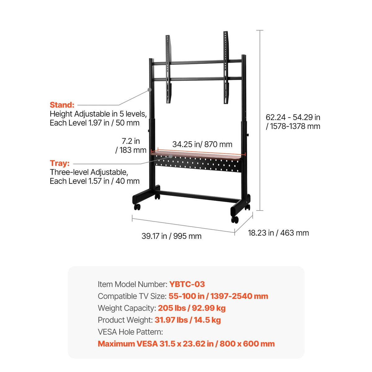 Rolling TV Stand, Mobile TV Cart for 55-100 Inch Screens, Height Adjustable Portable Monitor Stand with Tray, Holds up to 205 lbs for Living Room, Bedroom, Office, Outdoor Max VESA 800 x 600 mm