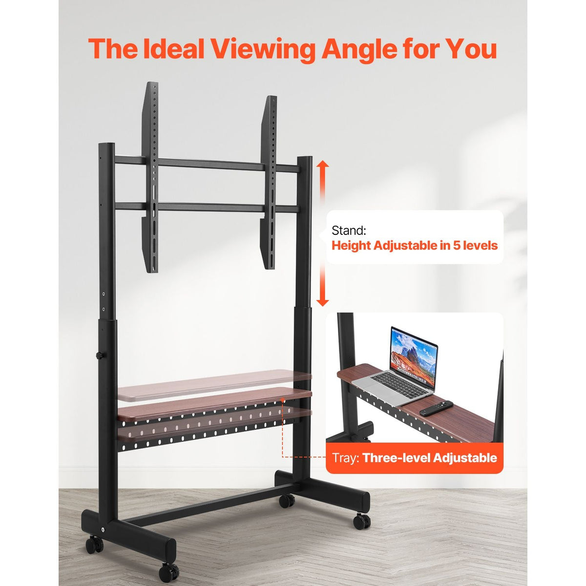 Rolling TV Stand, Mobile TV Cart for 55-100 Inch Screens, Height Adjustable Portable Monitor Stand with Tray, Holds up to 205 lbs for Living Room, Bedroom, Office, Outdoor Max VESA 800 x 600 mm