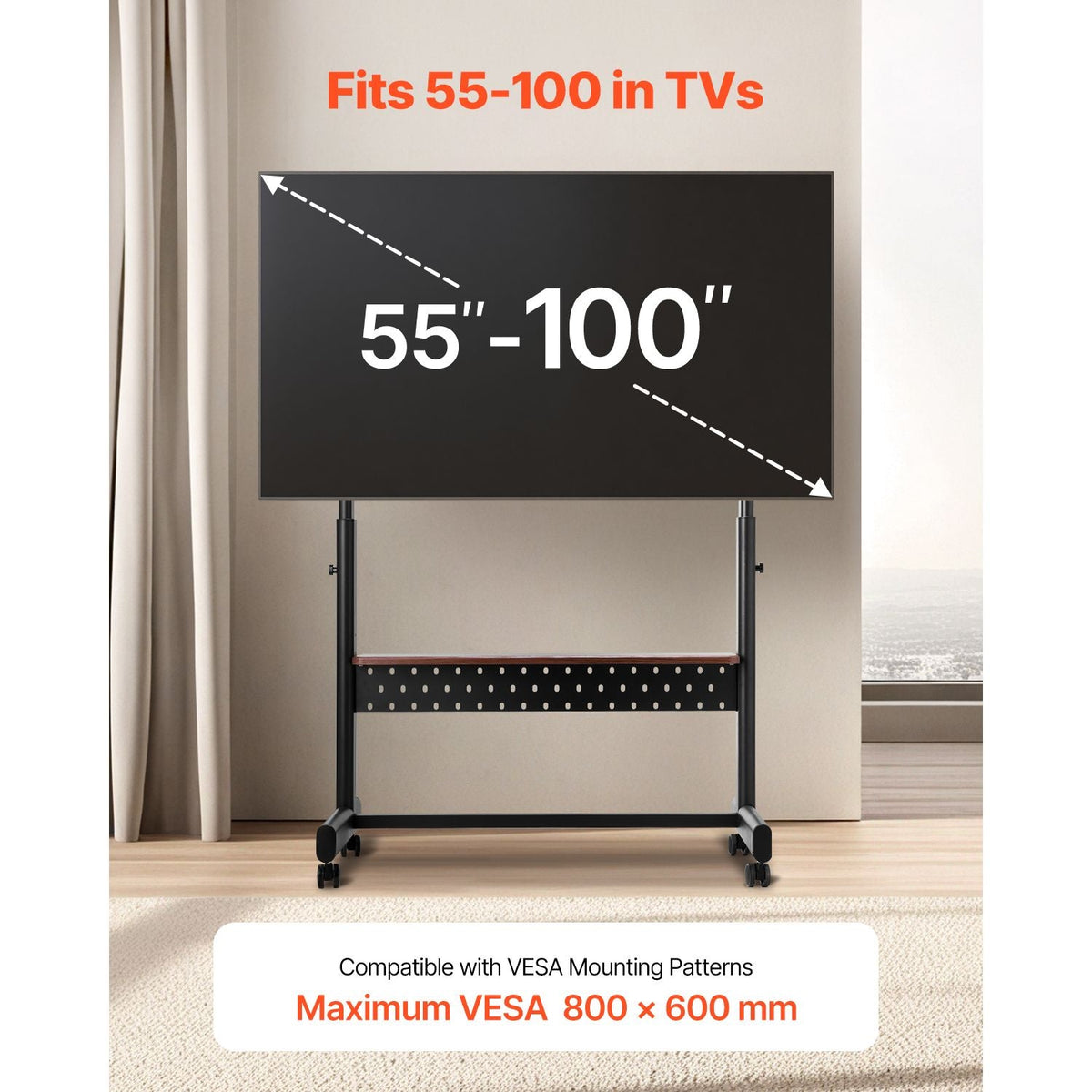 Rolling TV Stand, Mobile TV Cart for 55-100 Inch Screens, Height Adjustable Portable Monitor Stand with Tray, Holds up to 205 lbs for Living Room, Bedroom, Office, Outdoor Max VESA 800 x 600 mm