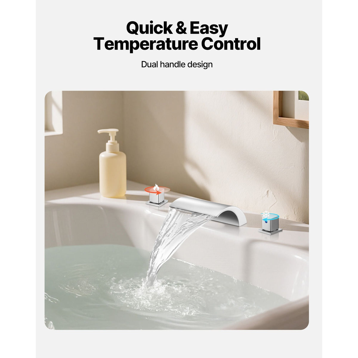 Roman Tub Faucet, 3 Hole Waterfall Bathtub Faucet, Bath Tubs Faucets Set with 2 Handles, Deck Mount Bath Tub Faucets Set for Adult Bathing, Silver, Waterfall Spout Design, Temperature Control