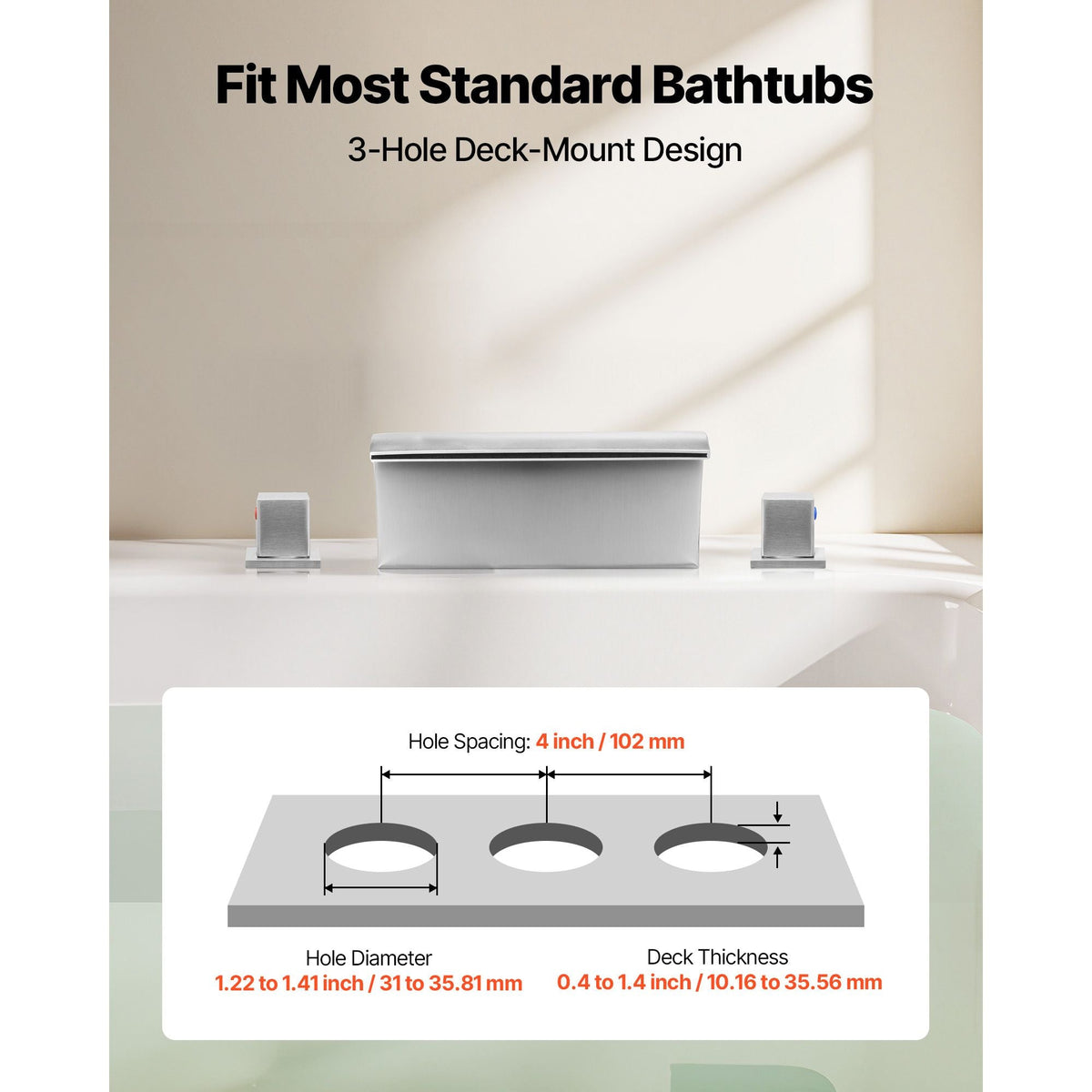 Roman Tub Faucet, 3 Hole Waterfall Bathtub Faucet, Bath Tubs Faucets Set with 2 Handles, Deck Mount Bath Tub Faucets Set for Adult Bathing, Silver, Waterfall Spout Design, Temperature Control