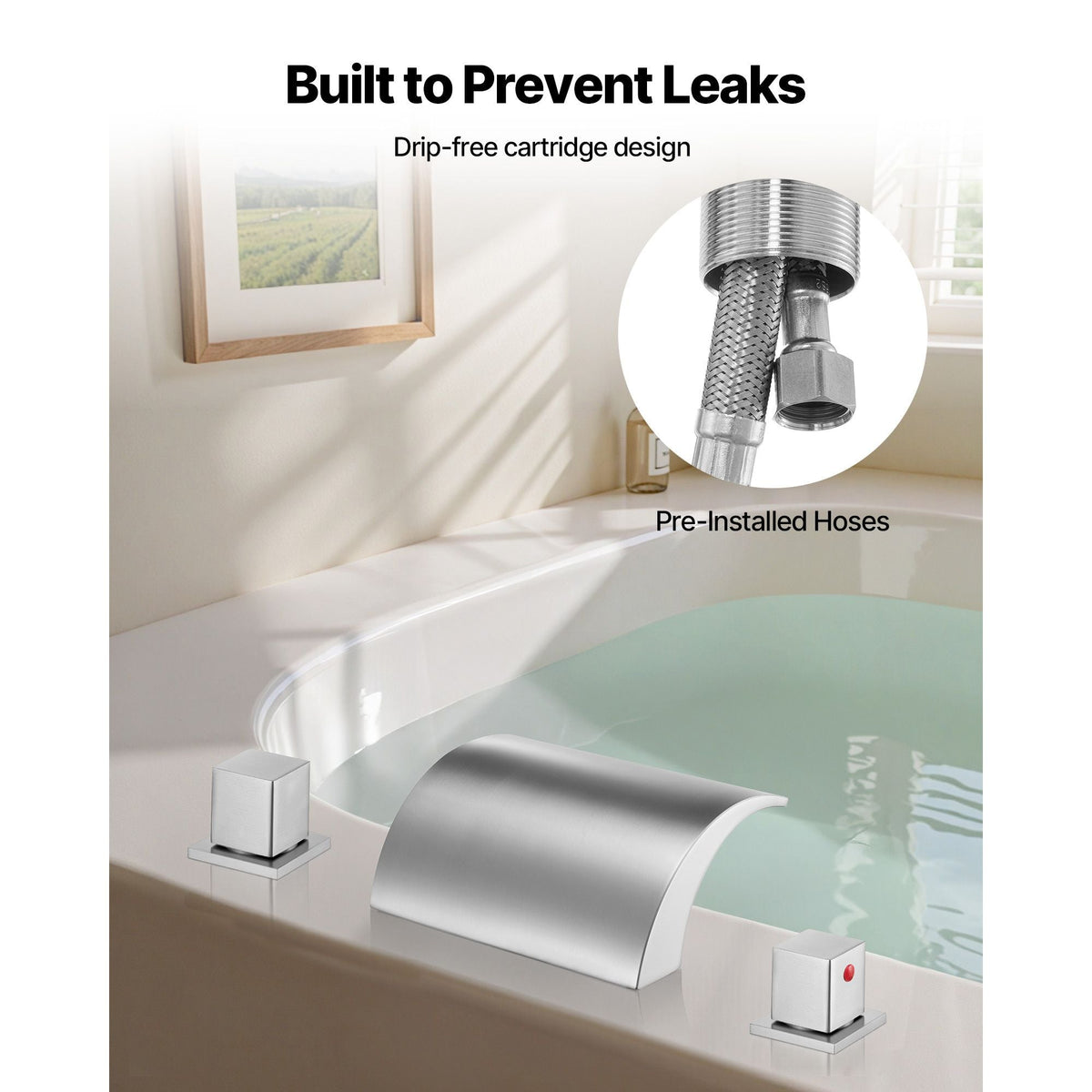 Roman Tub Faucet, 3 Hole Waterfall Bathtub Faucet, Bath Tubs Faucets Set with 2 Handles, Deck Mount Bath Tub Faucets Set for Adult Bathing, Silver, Waterfall Spout Design, Temperature Control