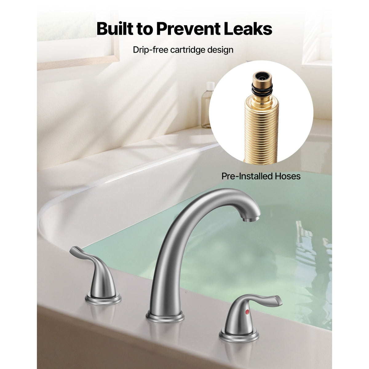 Roman Tub Faucet, 3 Hole Waterfall Bathtub Faucet, Gooseneck Bath Tubs Faucets Set with 2 Handles, Roman Tub Faucets Deck Mount for Adult Bathing, Brushed Stainless Steel, High Arc Spout