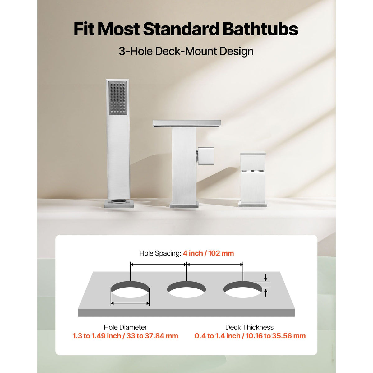 Roman Tub Faucet, 3 Hole Waterfall Bathtub Faucet, Roman Bathtub Faucets Set with Shower Head & 1 Handle, Deck Mount Bath Tub Faucets Set for Adult Bathing, Brushed Stainless Steel, Drip-Free