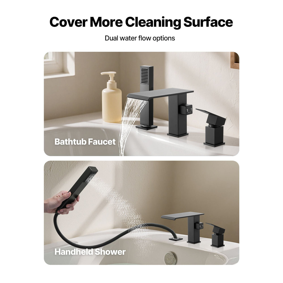 Roman Tub Faucet, 3 Hole Waterfall Bathtub Faucet, Roman Bathtub Faucets Set with Shower Head & 1 Handle, Deck Mount Bath Tub Faucets Set for Pet Washing, Baby Care, Adult Bathing, Matte Black