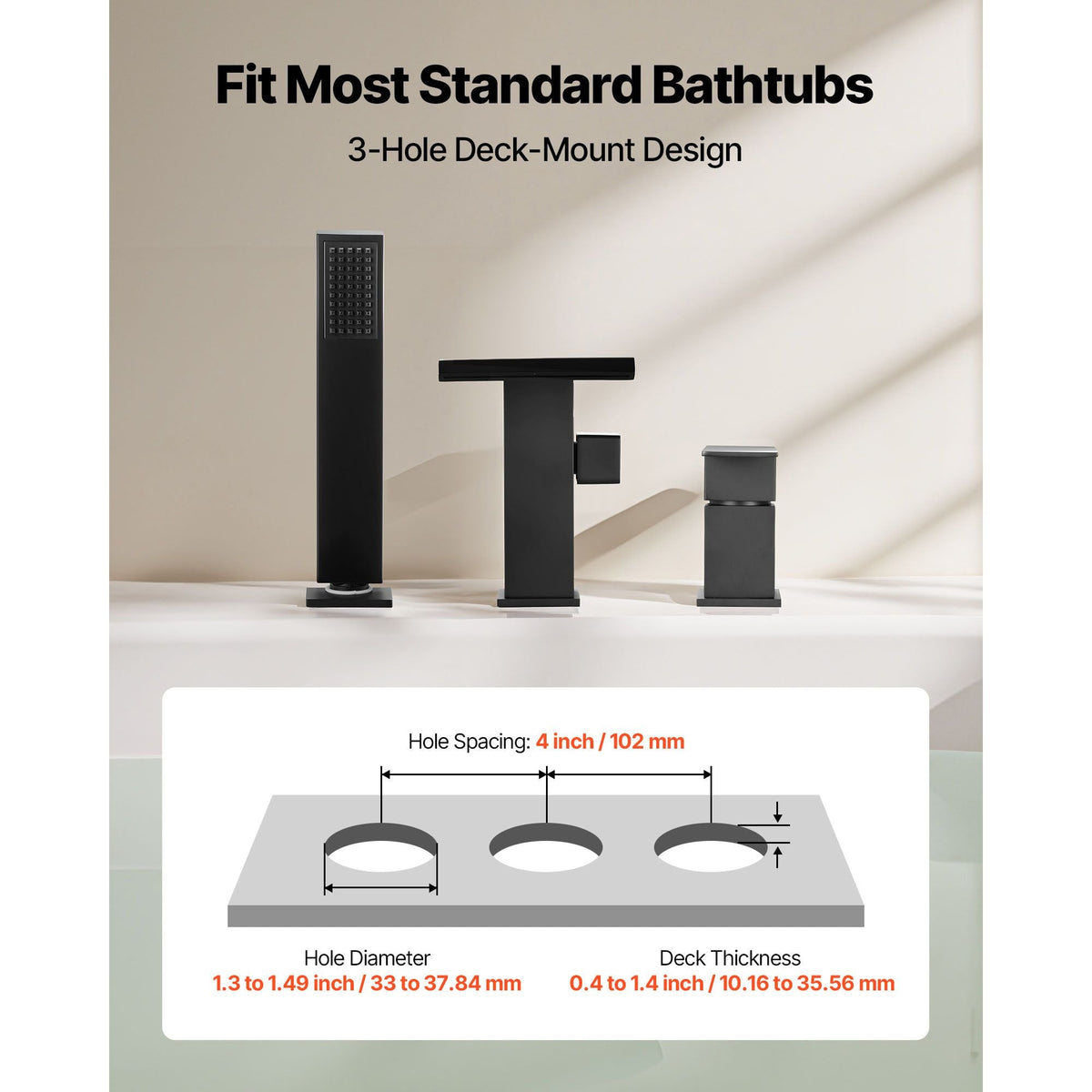 Roman Tub Faucet, 3 Hole Waterfall Bathtub Faucet, Roman Bathtub Faucets Set with Shower Head & 1 Handle, Deck Mount Bath Tub Faucets Set for Pet Washing, Baby Care, Adult Bathing, Matte Black
