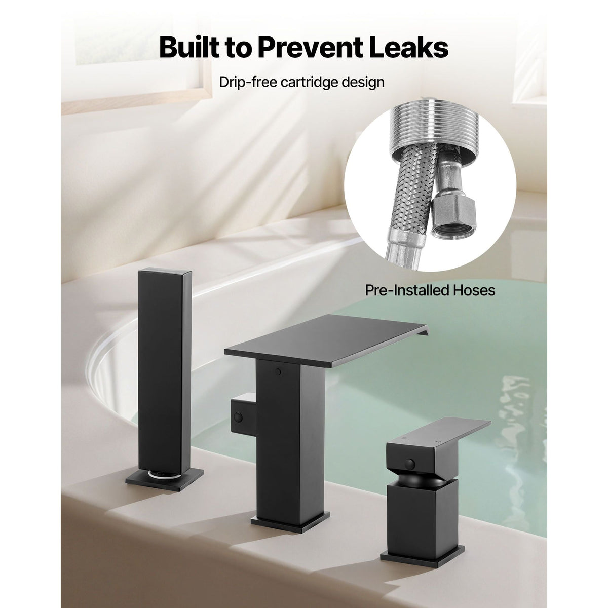 Roman Tub Faucet, 3 Hole Waterfall Bathtub Faucet, Roman Bathtub Faucets Set with Shower Head & 1 Handle, Deck Mount Bath Tub Faucets Set for Pet Washing, Baby Care, Adult Bathing, Matte Black