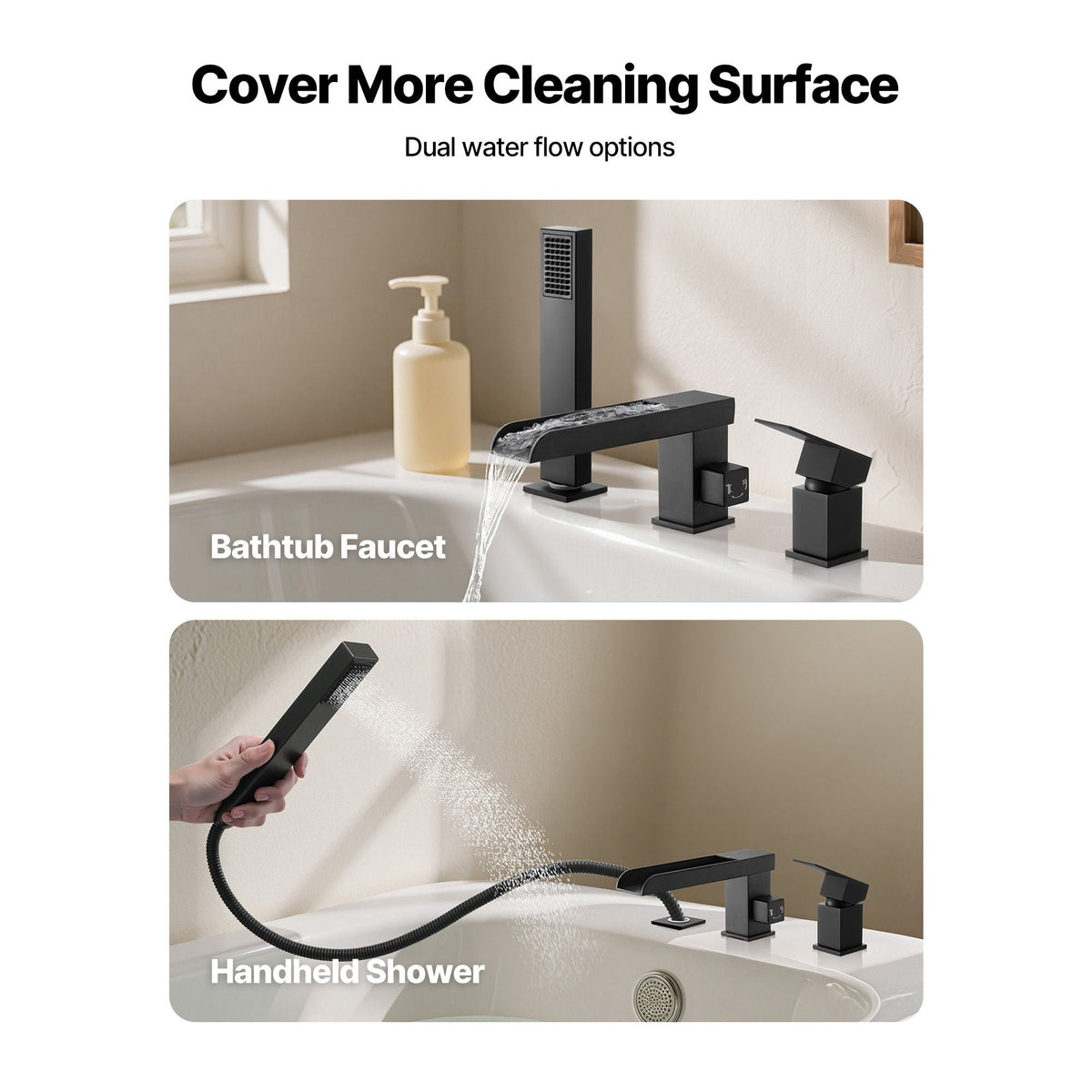 Roman Tub Faucet, 3 Hole Waterfall Bathtub Faucet, Widespread Roman Tub Faucets with Shower Head & 1 Handle, Romans Bathtub Faucets for Pet Washing, Adult Bathing, Matte Black, Dual Water Flow