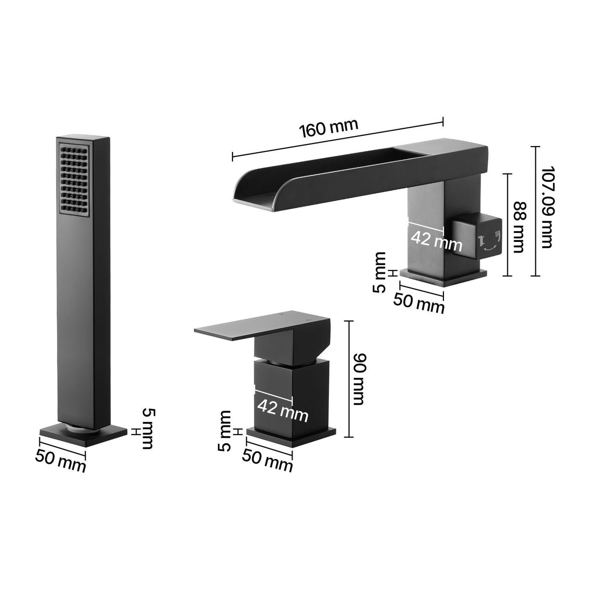 Roman Tub Faucet, 3 Hole Waterfall Bathtub Faucet, Widespread Roman Tub Faucets with Shower Head & 1 Handle, Romans Bathtub Faucets for Pet Washing, Adult Bathing, Matte Black, Dual Water Flow