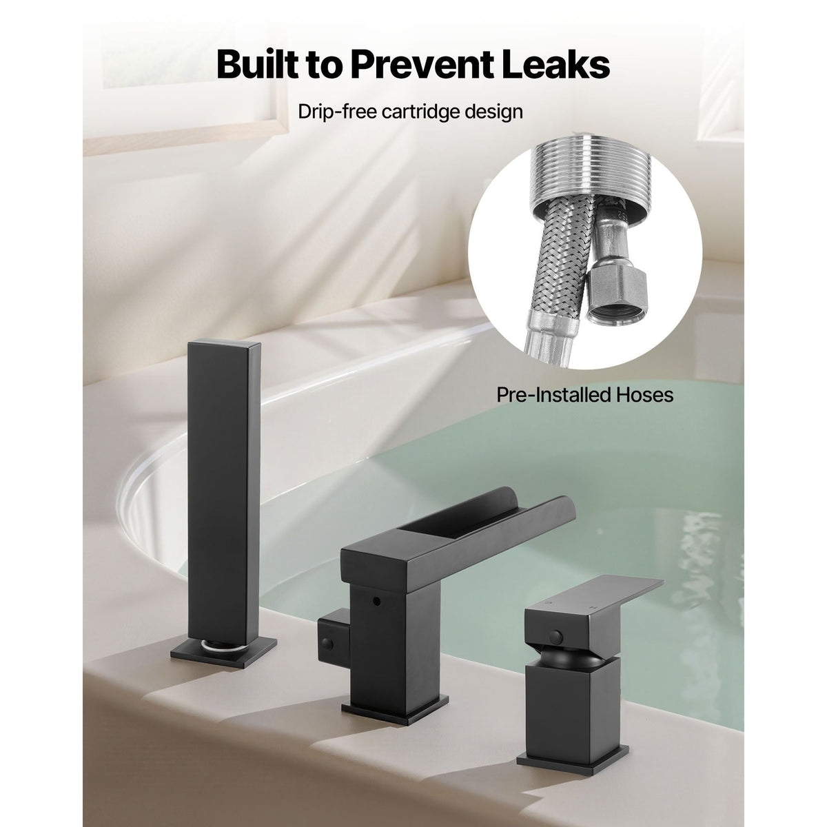 Roman Tub Faucet, 3 Hole Waterfall Bathtub Faucet, Widespread Roman Tub Faucets with Shower Head & 1 Handle, Romans Bathtub Faucets for Pet Washing, Adult Bathing, Matte Black, Dual Water Flow