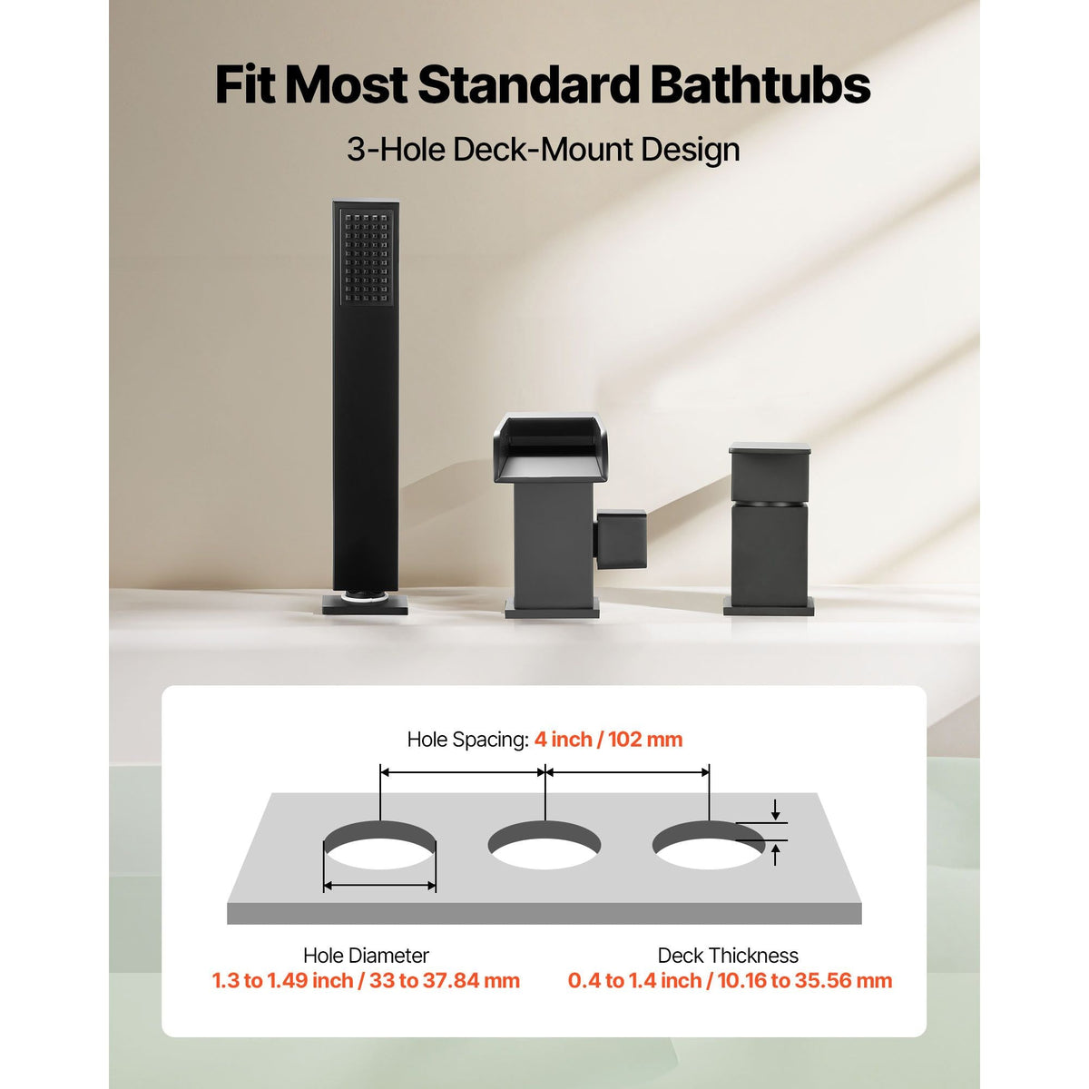 Roman Tub Faucet, 3 Hole Waterfall Bathtub Faucet, Widespread Roman Tub Faucets with Shower Head & 1 Handle, Romans Bathtub Faucets for Pet Washing, Adult Bathing, Matte Black, Dual Water Flow
