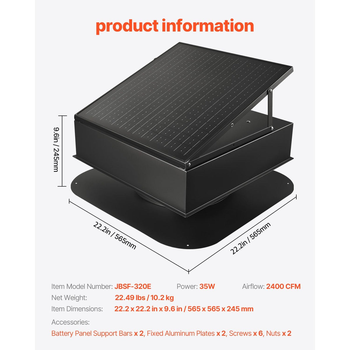 Roof Attic Exhaust Fan, 35W Smart Solar Roof Ventilation Fan Auto Temperature Control, 2400 CFM Airflow Built-in Brushless DC Motor for Cooling and Dehumidification, No Remote