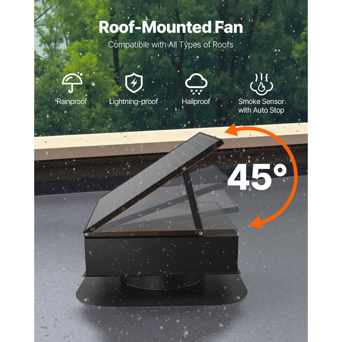 Roof Attic Exhaust Fan, 35W Smart Solar Roof Ventilation Fan Auto Temperature Control, 2400 CFM Airflow Built-in Brushless DC Motor for Cooling and Dehumidification, No Remote