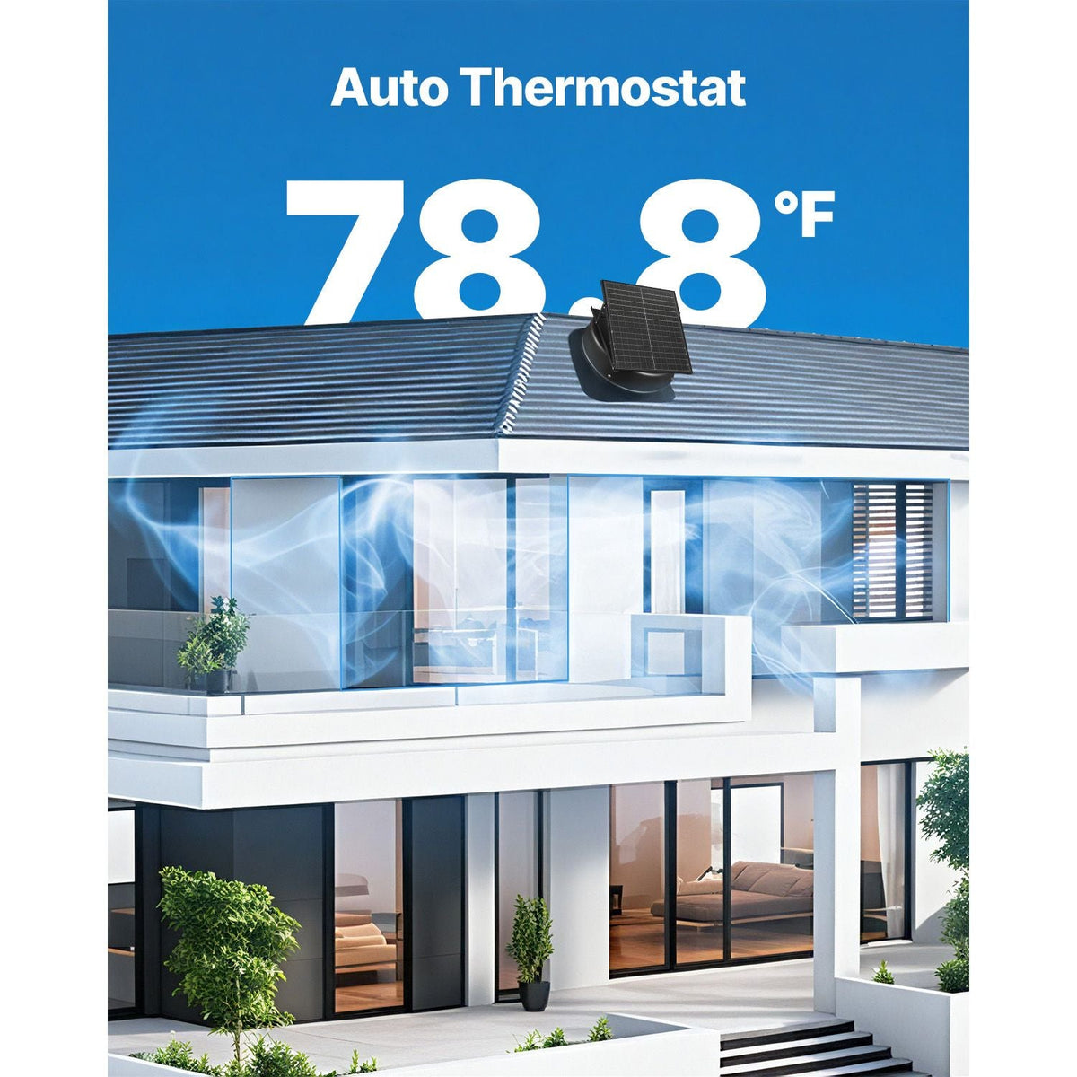 Roof Attic Exhaust Fan, 35W Smart Solar Roof Ventilation Fan Auto Temperature Control, 2400 CFM Airflow Built-in Brushless DC Motor for Cooling and Dehumidification, No Remote