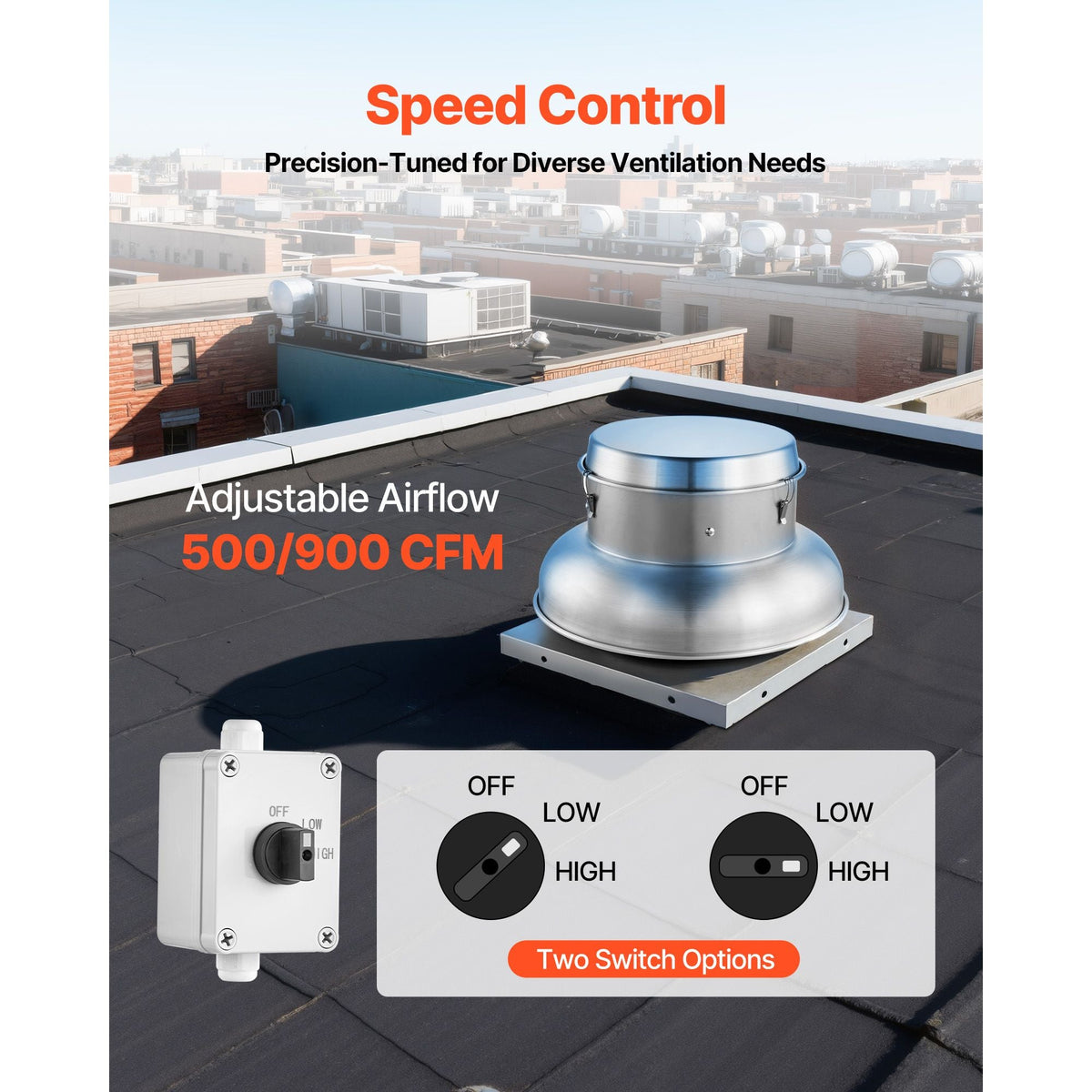 Roof Exhaust Fan, Attic Vent Fan with High-Power Motor, 21 inch Fan Base Heavy-Duty Aluminum Alloy, Speed Control Adjustable Airflow 500/900 CFM, Compact for Garage,Kitchen,Bathroom, Silver