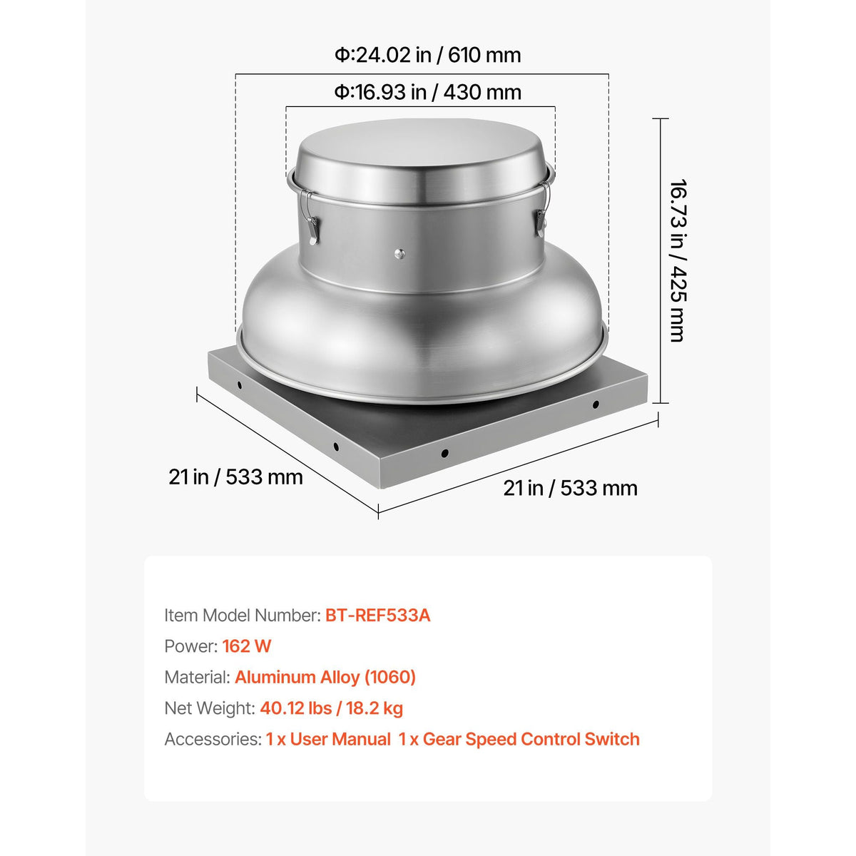 Roof Exhaust Fan, Attic Vent Fan with High-Power Motor, 21 inch Fan Base Heavy-Duty Aluminum Alloy, Speed Control Adjustable Airflow 500/900 CFM, Compact for Garage,Kitchen,Bathroom, Silver