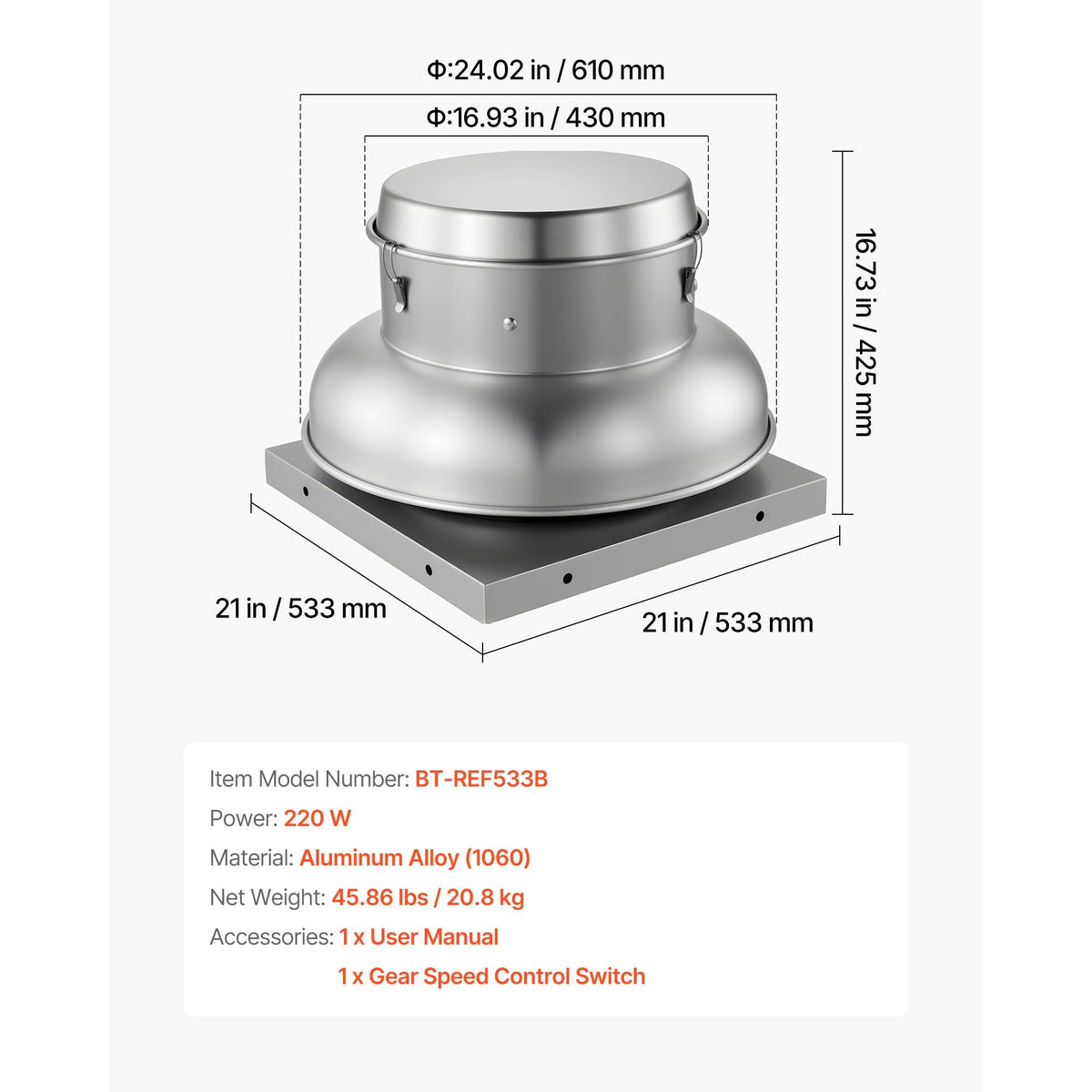 Roof Exhaust Fan, Attic Vent Fan with High-Power Motor, 21 inch Fan Base Heavy-Duty Aluminum Alloy, Speed Control Adjustable Airflow 900/1500 CFM, Compact for Garage,Kitchen,Bathroom, Silver
