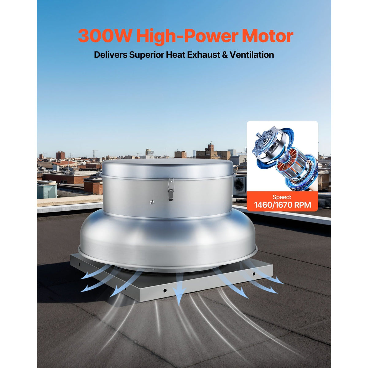 Roof Exhaust Fan, Attic Vent Fan with High-Power Motor, 24.8inch Fan Base Heavy-Duty Aluminum Alloy, Speed Control Adjustable Airflow 1500/2600CFM, Compact for Garage,Kitchen,Bathroom,Silver