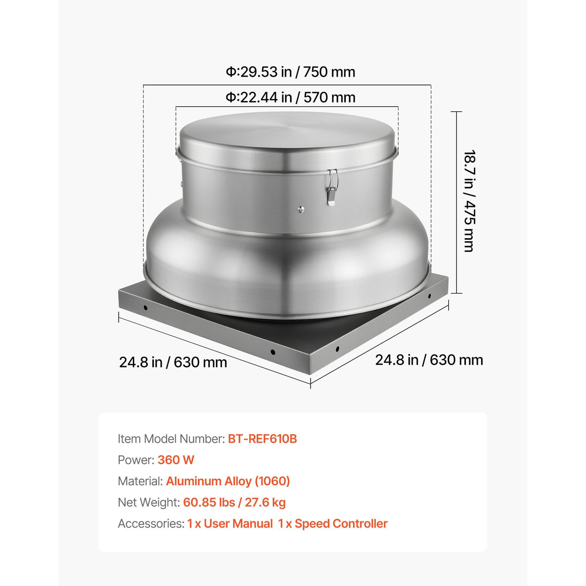 Roof Exhaust Fan, Attic Vent Fan with High-Power Motor, 24.8inch Fan Base Heavy-Duty Aluminum Alloy, Speed Control Adjustable Airflow 3000/3900CFM, Compact for Garage,Kitchen,Bathroom,Silver