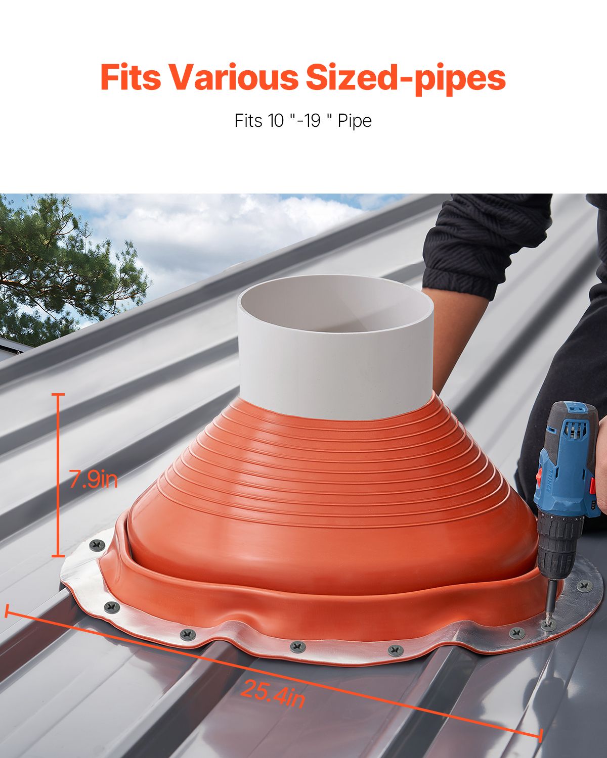 Roof Pipe Flashing Boot, Fit Pipe OD 10" to 19", Flexible Silicone Roofing Jack Pipe Flashing, High Temp -101 Fahrenheit to 437 Fahrenheit, Lasting Round Red Metal Base