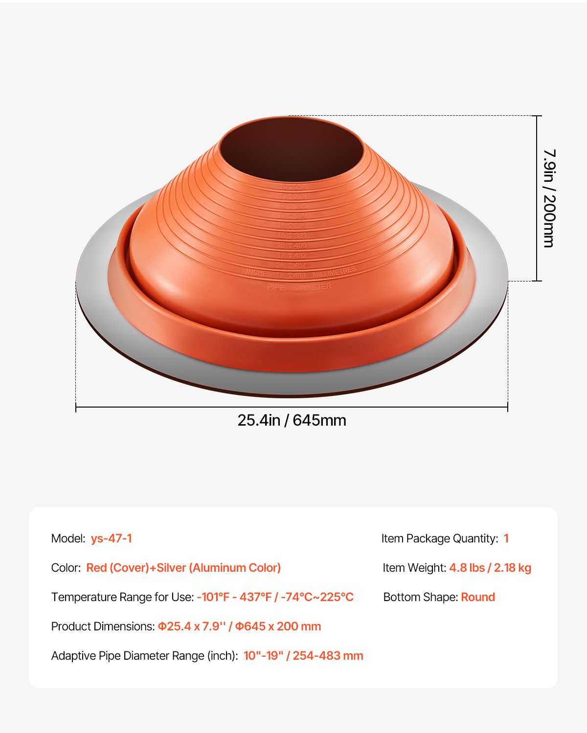 Roof Pipe Flashing Boot, Fit Pipe OD 10" to 19", Flexible Silicone Roofing Jack Pipe Flashing, High Temp -101 Fahrenheit to 437 Fahrenheit, Lasting Round Red Metal Base