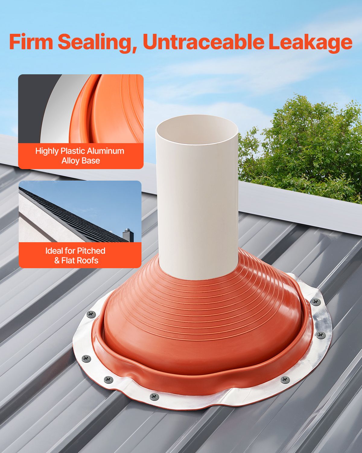 Roof Pipe Flashing Boot, Fit Pipe OD 10" to 19", Flexible Silicone Roofing Jack Pipe Flashing, High Temp -101 Fahrenheit to 437 Fahrenheit, Lasting Round Red Metal Base